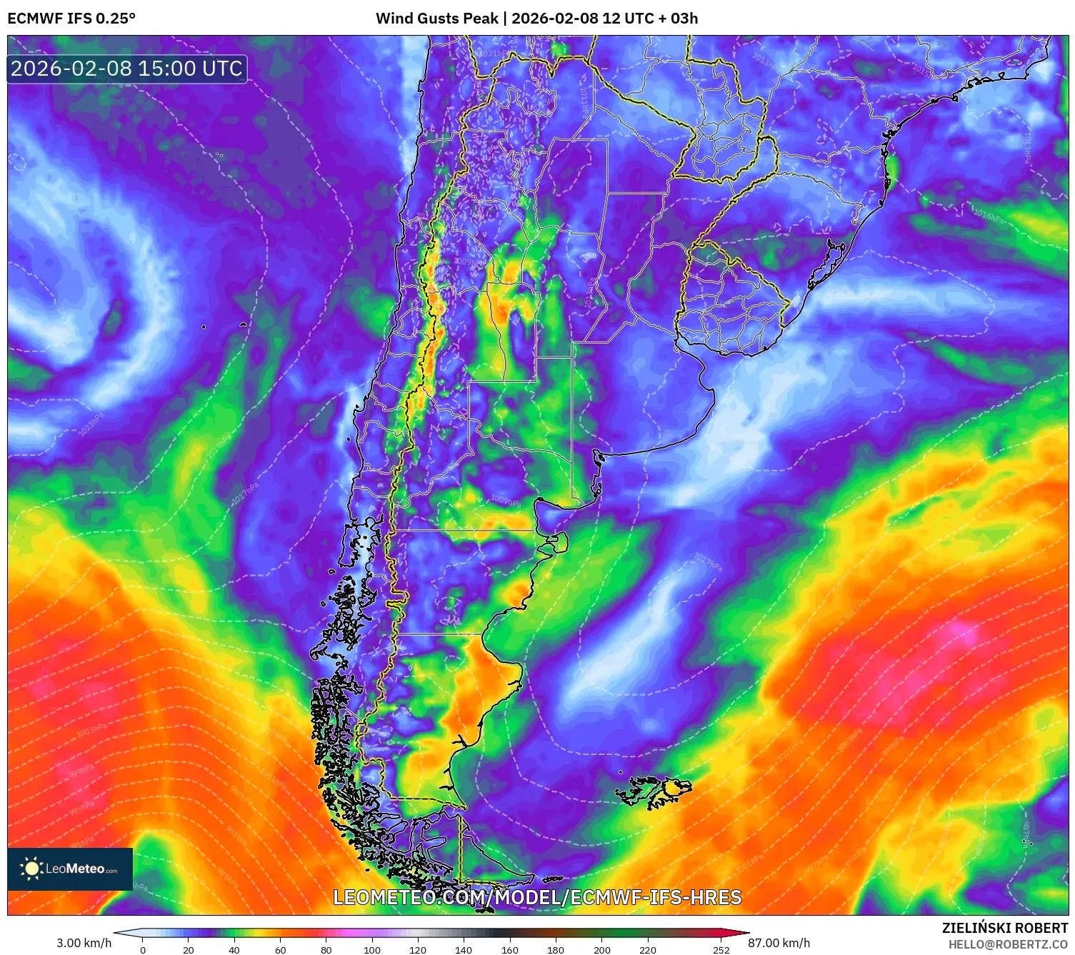 ECMWF IFS 0.25° model - Argentina, Wind Gusts Peak