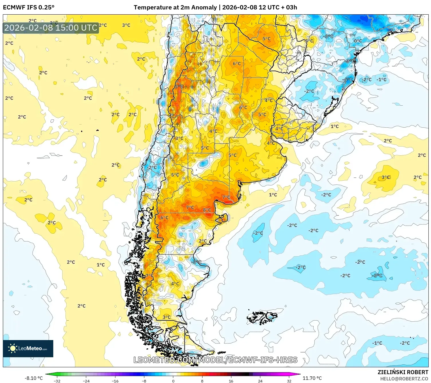 ECMWF IFS 0.25° model - Argentina, Temperature at 2m Anomaly