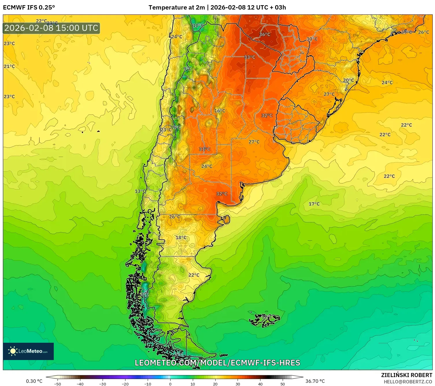 ECMWF IFS 0.25° model - Argentina, Temperature at 2m