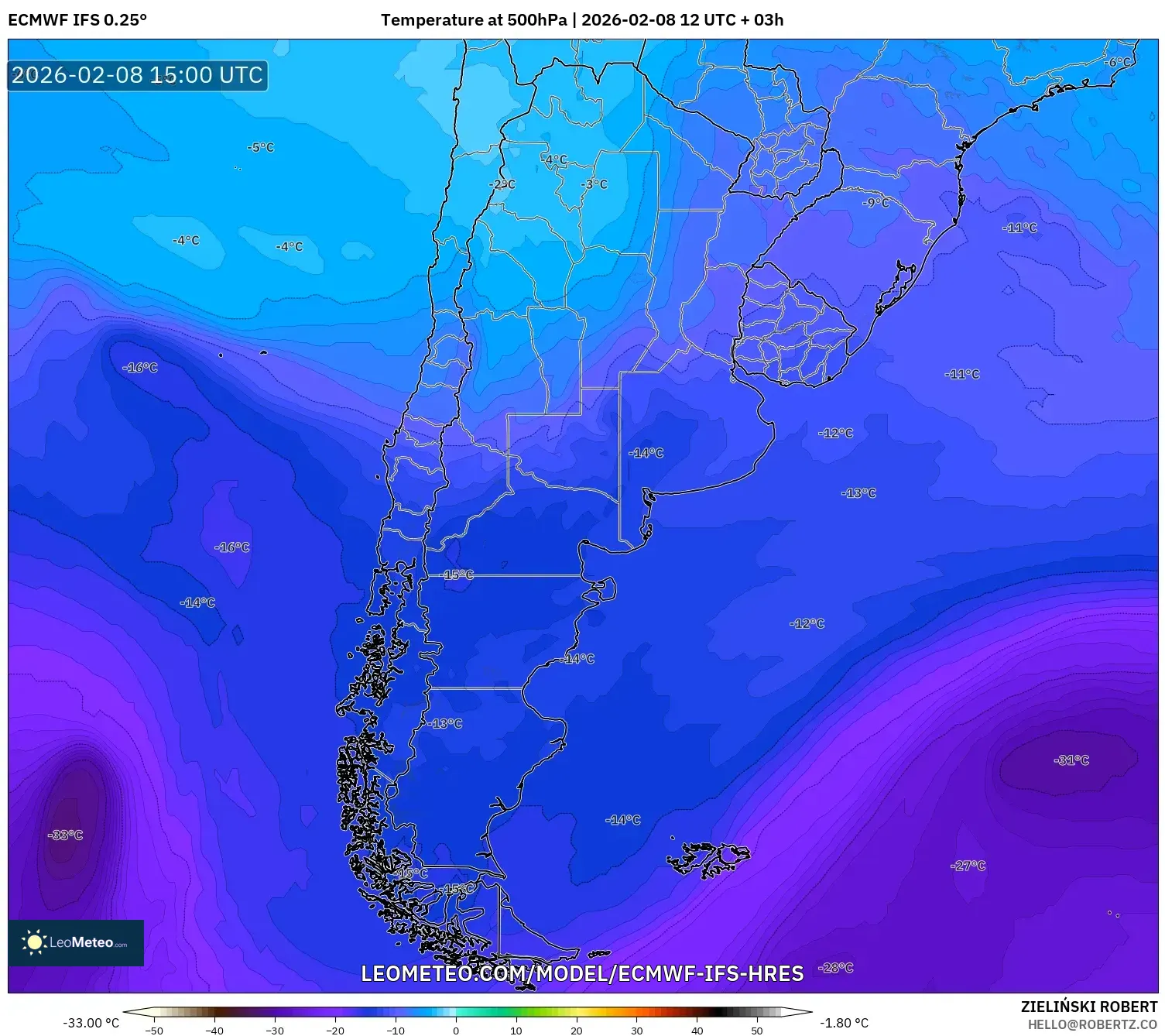 ECMWF IFS 0.25° model - Argentina, Temperature at 500hPa
