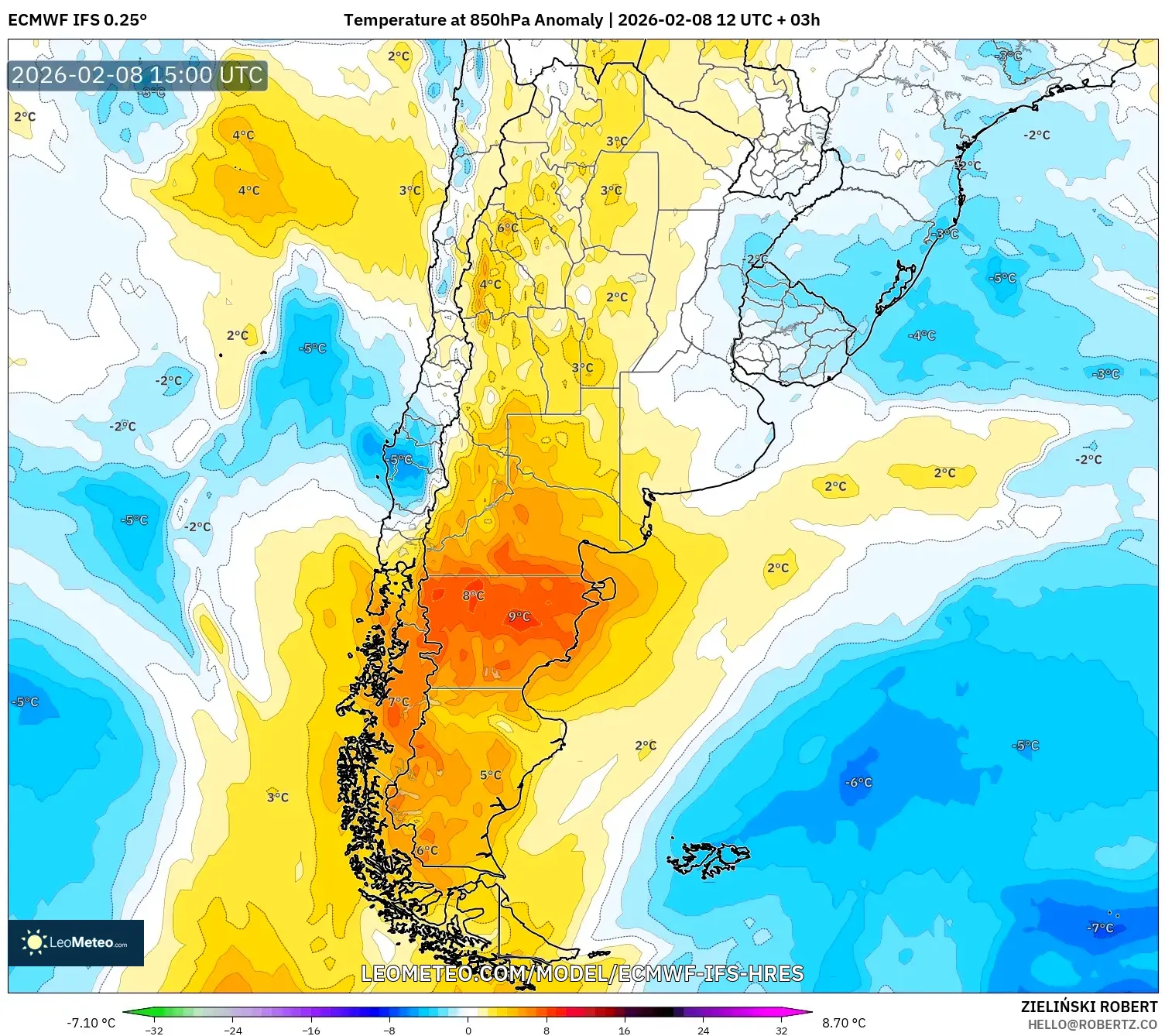 ECMWF IFS 0.25° model - Argentina, Temperature at 850hPa Anomaly