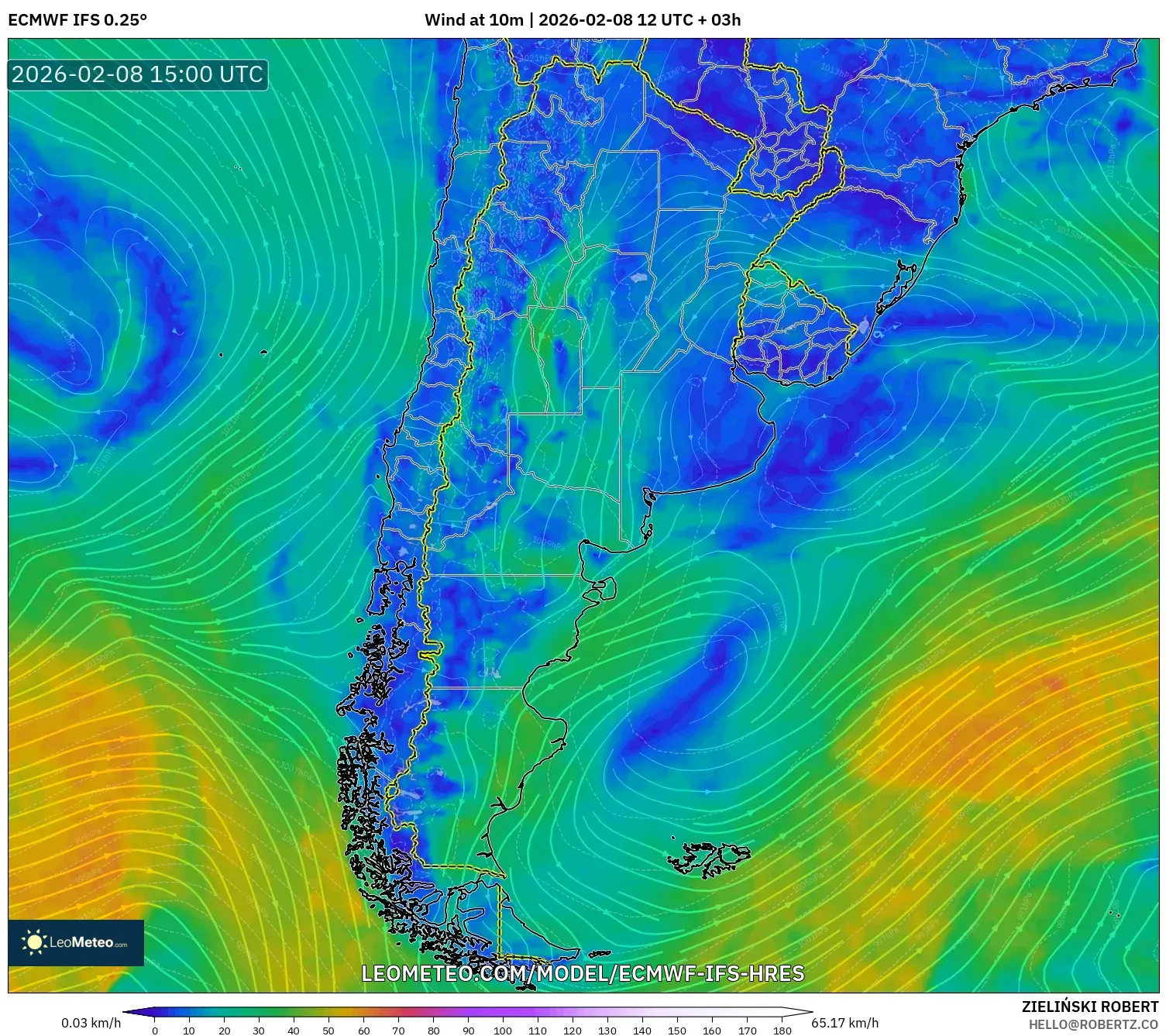 ECMWF IFS 0.25° model - Argentina, Wind at 10m