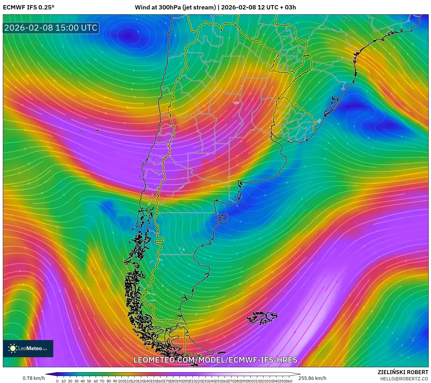 ECMWF IFS 0.25° model - Argentina, Wind at 300hPa (jet stream)