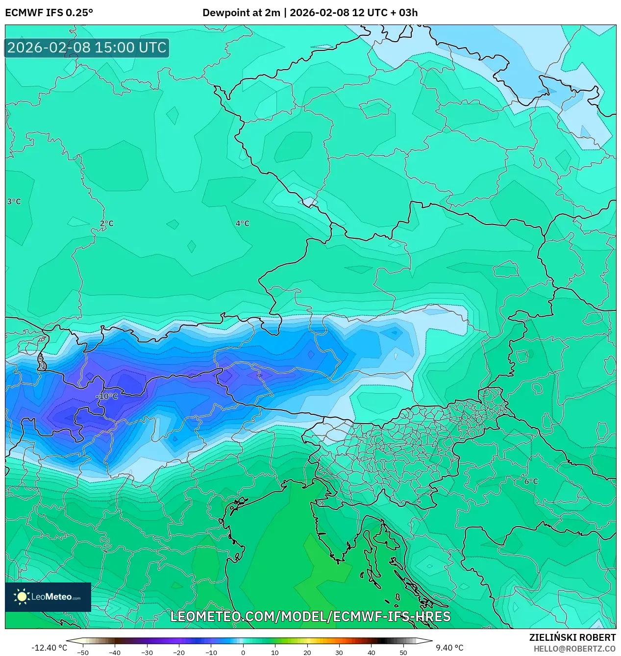 ECMWF IFS 0.25° model - Austria, Dewpoint at 2m