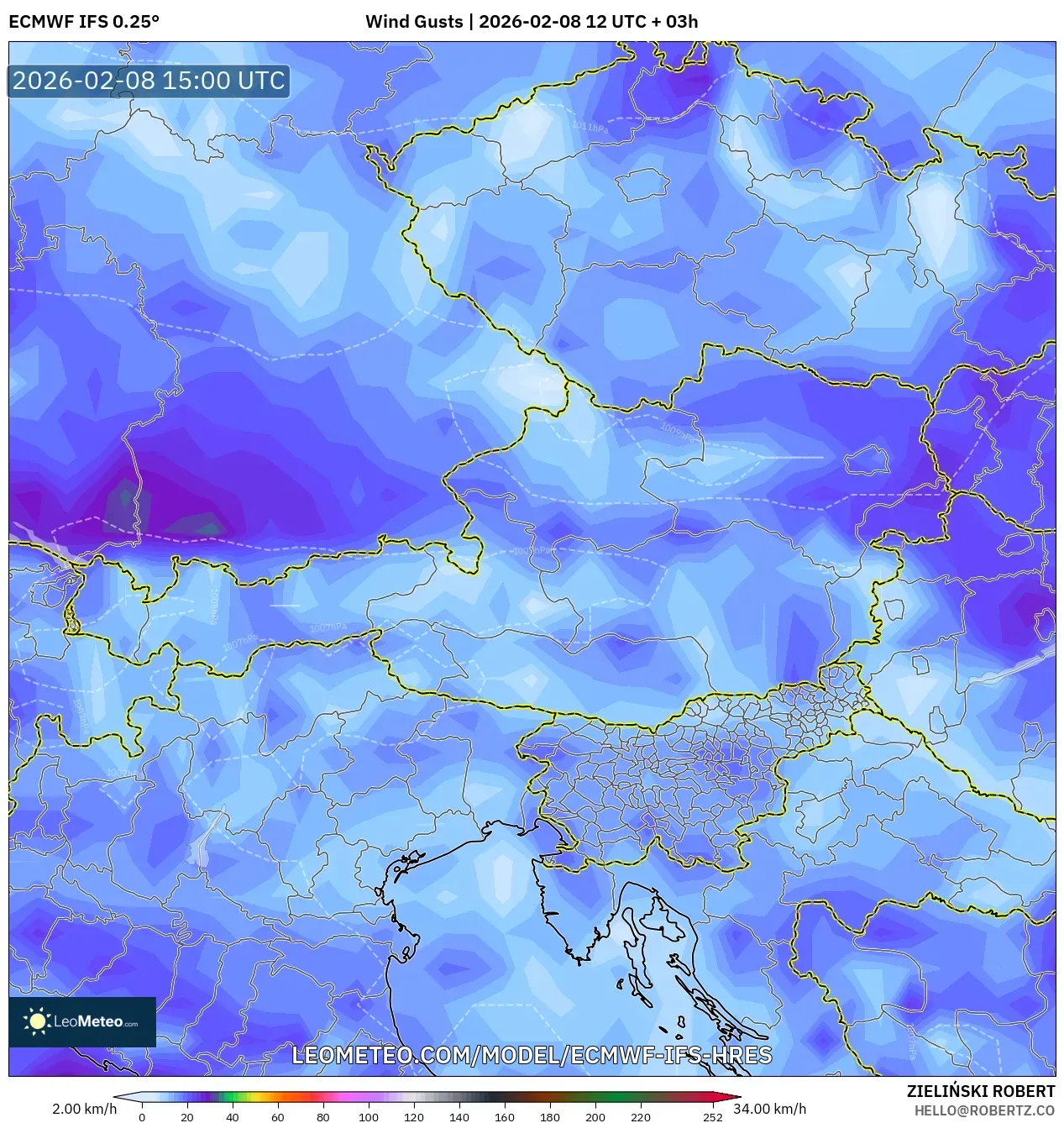 ECMWF IFS 0.25° model - Austria, Wind Gusts