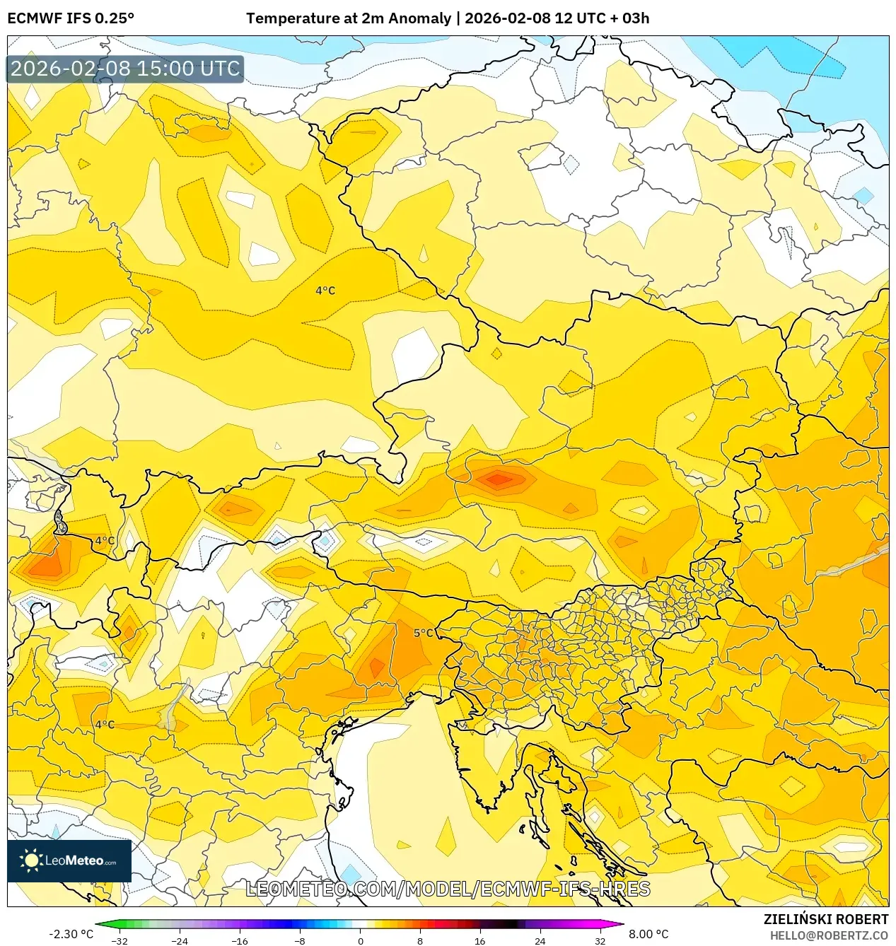 ECMWF IFS 0.25° model - Austria, Temperature at 2m Anomaly