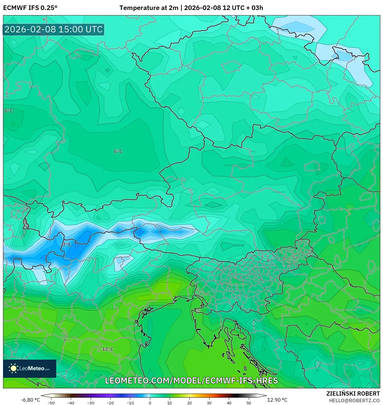 ECMWF IFS 0.25° model - Austria, Temperature at 2m