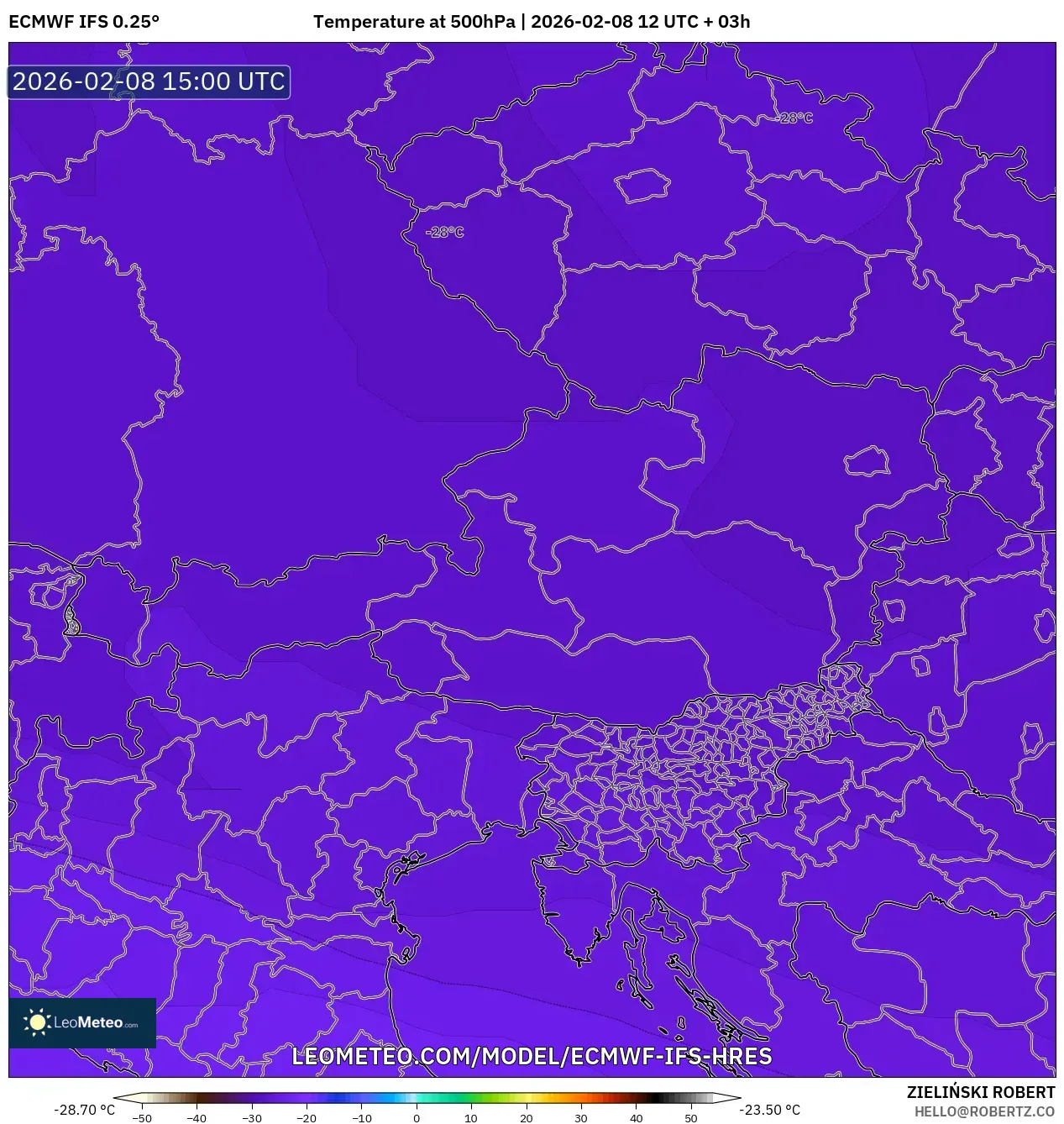 ECMWF IFS 0.25° model - Austria, Temperature at 500hPa