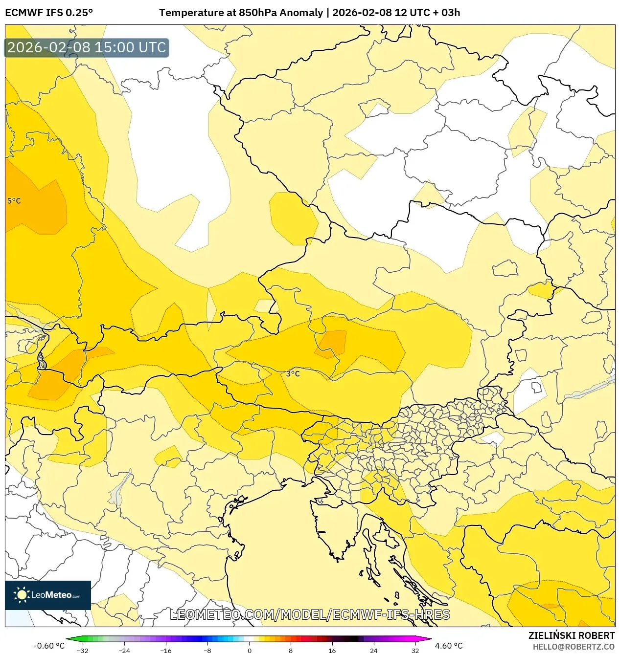 ECMWF IFS 0.25° model - Austria, Anomali Suhu 850 hPa