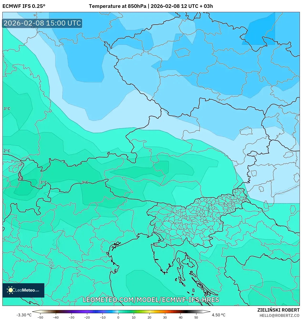 ECMWF IFS 0.25° model - Austria, Temperature at 850hPa
