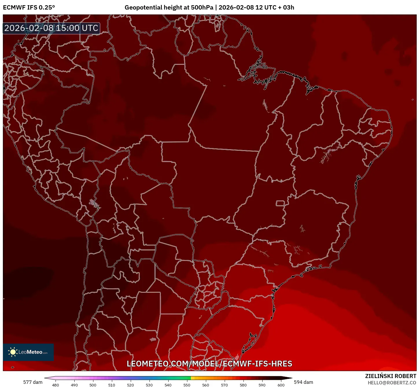 ECMWF IFS 0.25° model - Brazil, Geopotential height at 500hPa