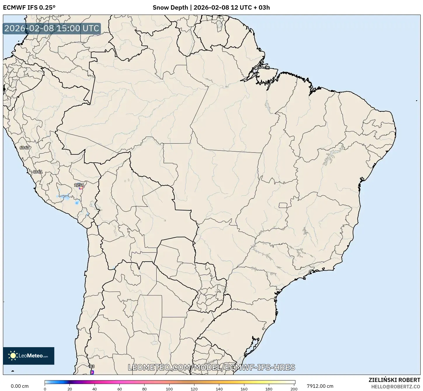 ECMWF IFS 0.25° model - Brazil, Snow Depth