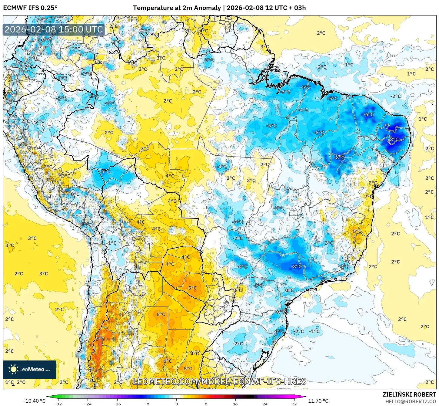 ECMWF IFS 0.25° model - Brazil, Temperature at 2m Anomaly