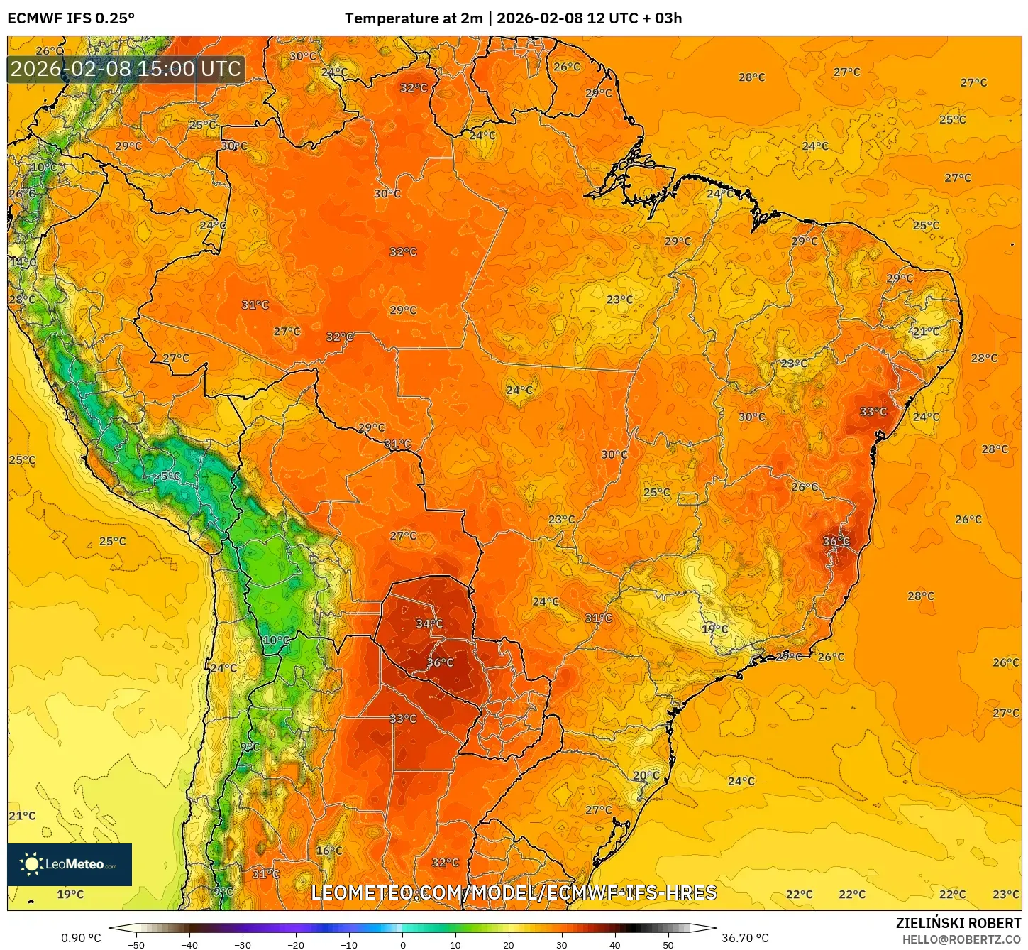 ECMWF IFS 0.25° model - Brasil, Suhu 2 m