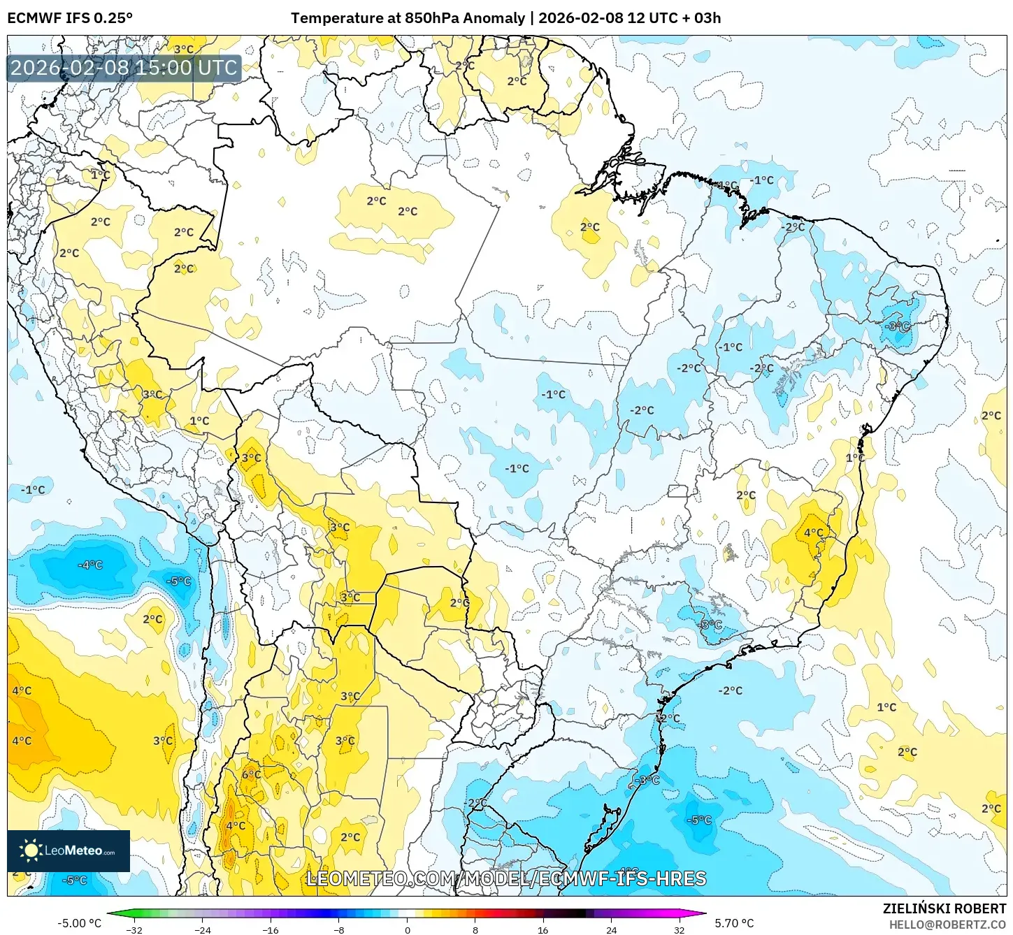 ECMWF IFS 0.25° model - Brazil, Temperature at 850hPa Anomaly