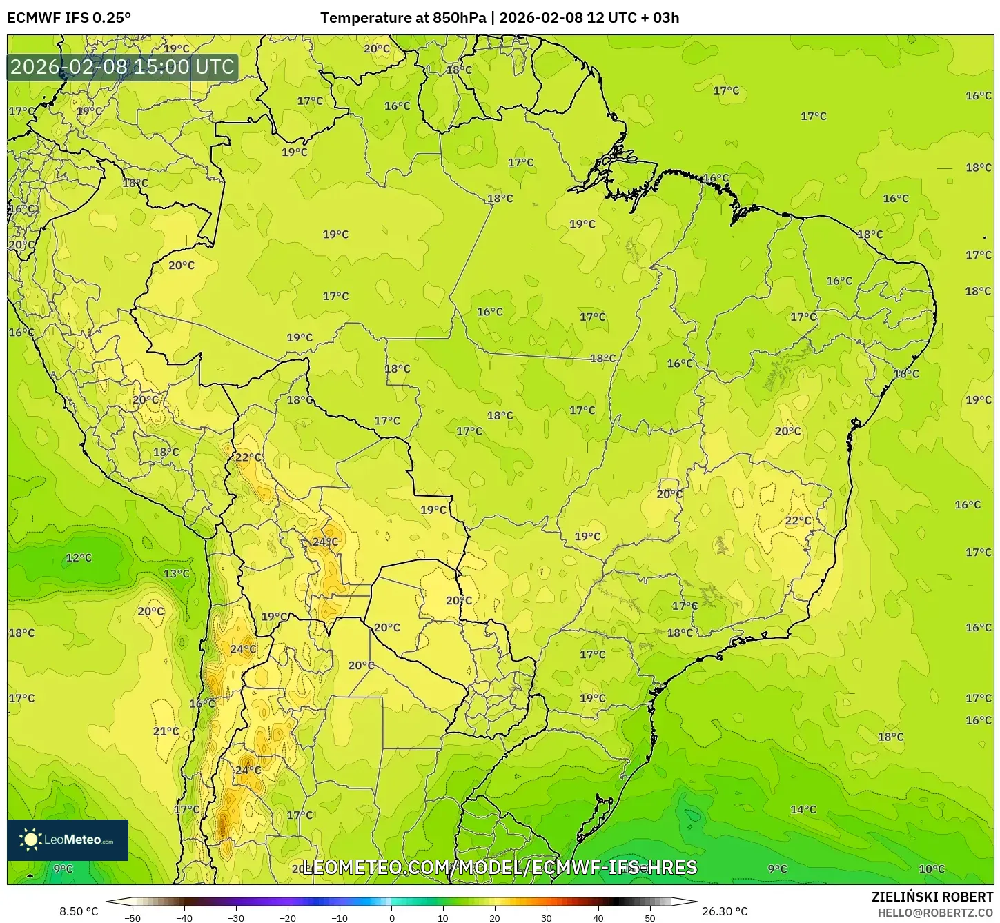 ECMWF IFS 0.25° model - Brazil, Temperature at 850hPa