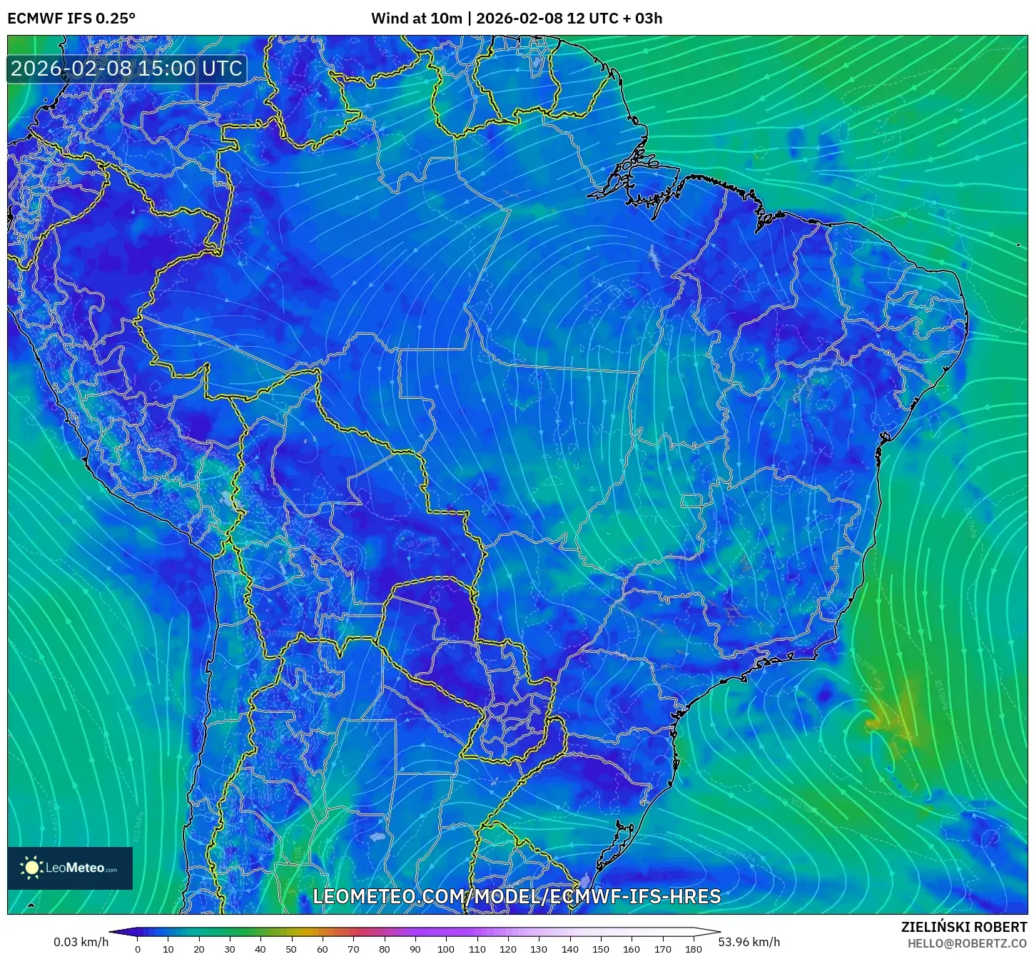 ECMWF IFS 0.25° model - Brazil, Wind at 10m