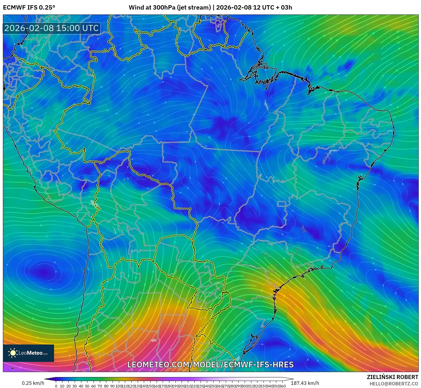 ECMWF IFS 0.25° model - Brazil, Wind at 300hPa (jet stream)