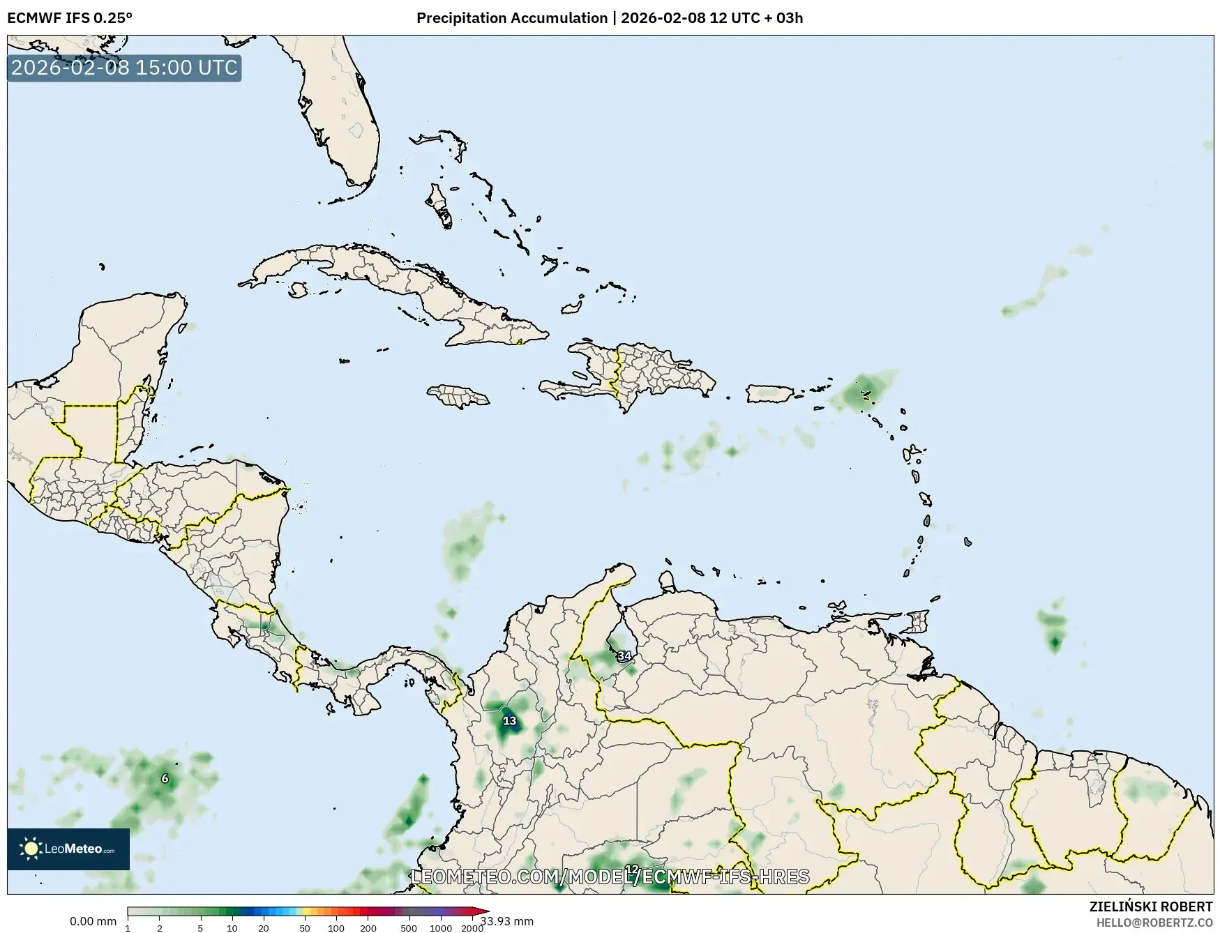 ECMWF IFS 0.25° model - Caribbean, Precipitation Accumulation
