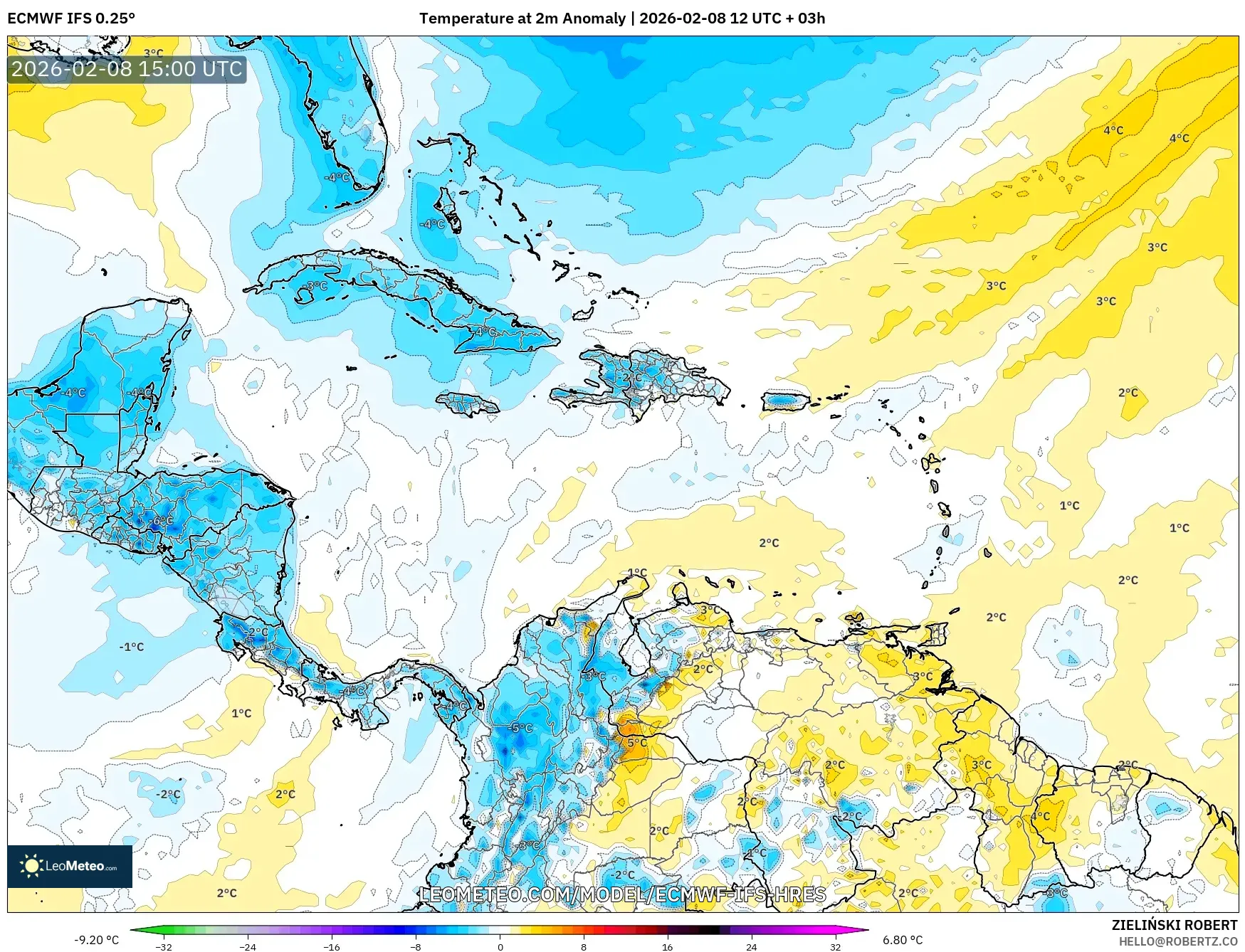 ECMWF IFS 0.25° model - Caribbean, Temperature at 2m Anomaly