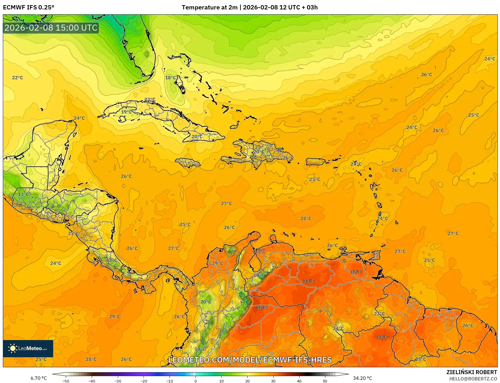ECMWF IFS 0.25° model - Karibia, Suhu 2 m