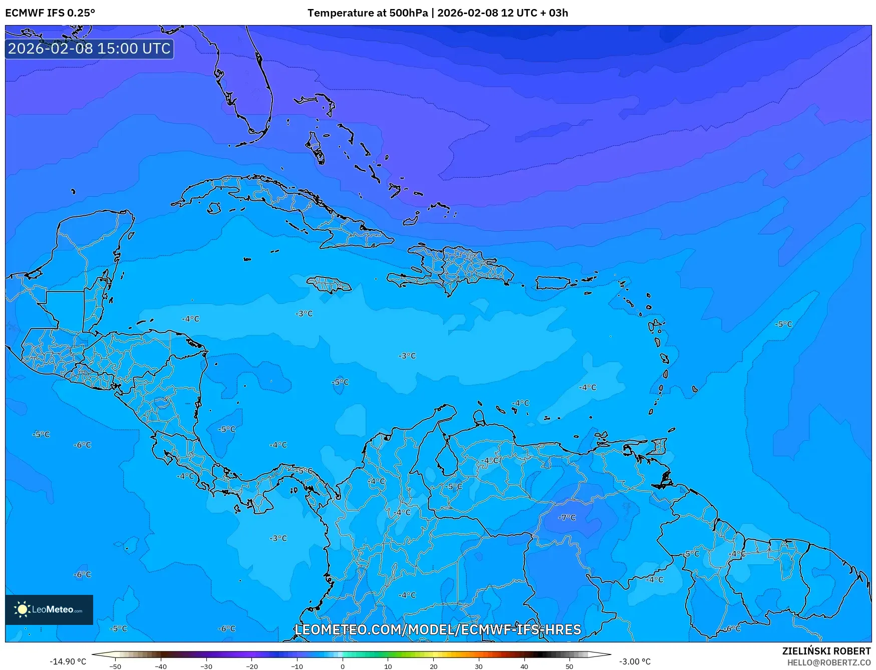 ECMWF IFS 0.25° model - Caribbean, Temperature at 500hPa