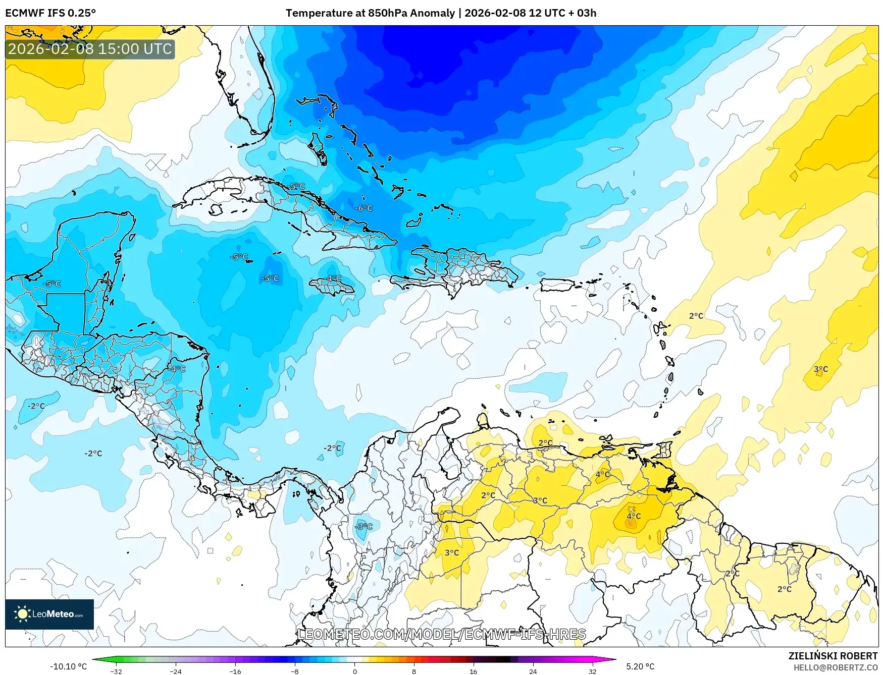 ECMWF IFS 0.25° model - Karibia, Anomali Suhu 850 hPa