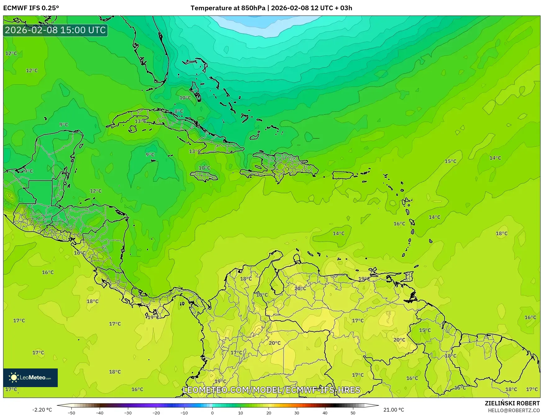 ECMWF IFS 0.25° model - Caribbean, Temperature at 850hPa