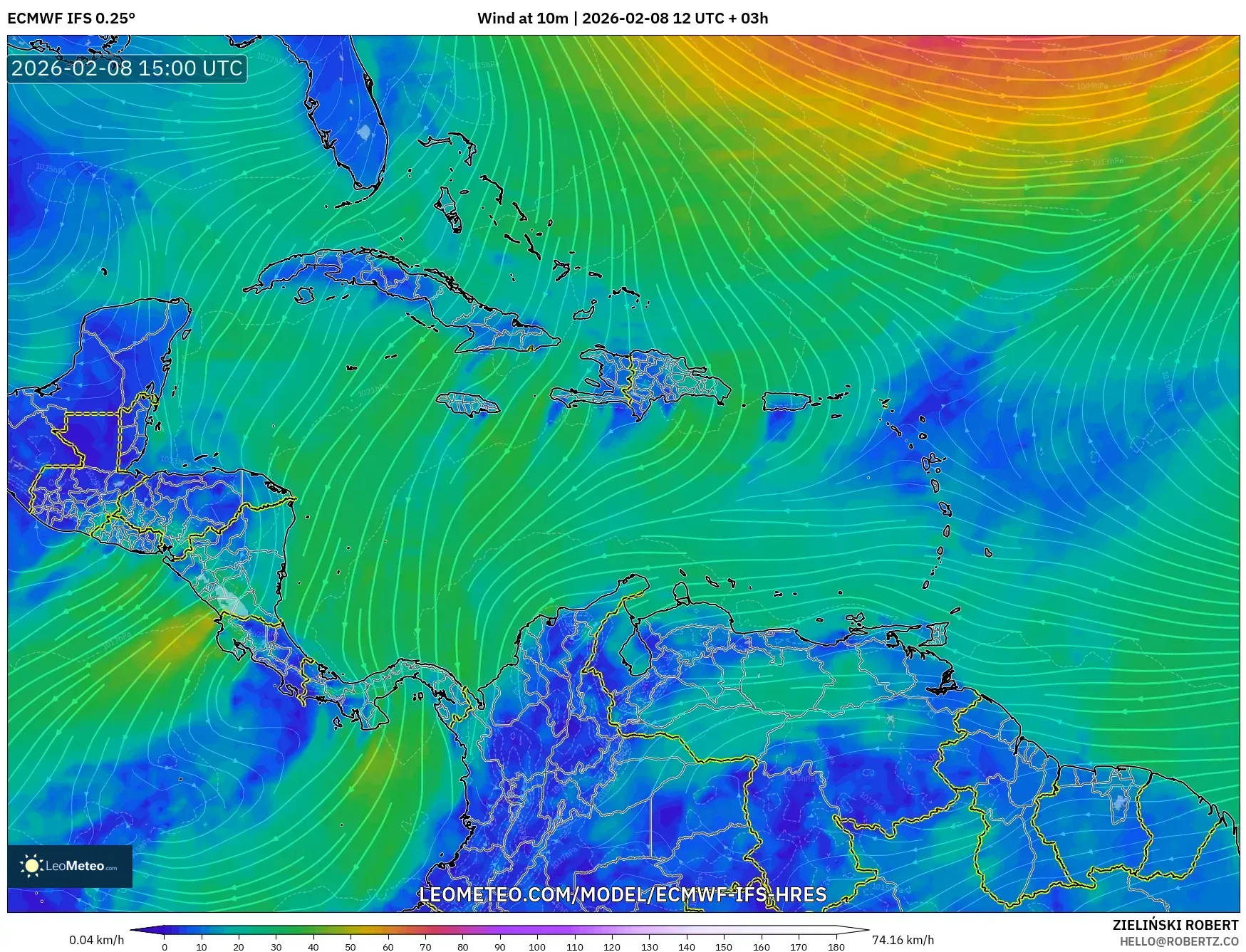 ECMWF IFS 0.25° model - Caribbean, Wind at 10m