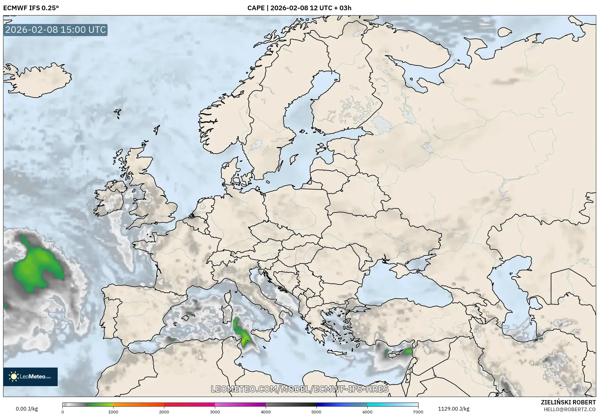 ECMWF IFS 0.25° model - Eropah, CAPE
