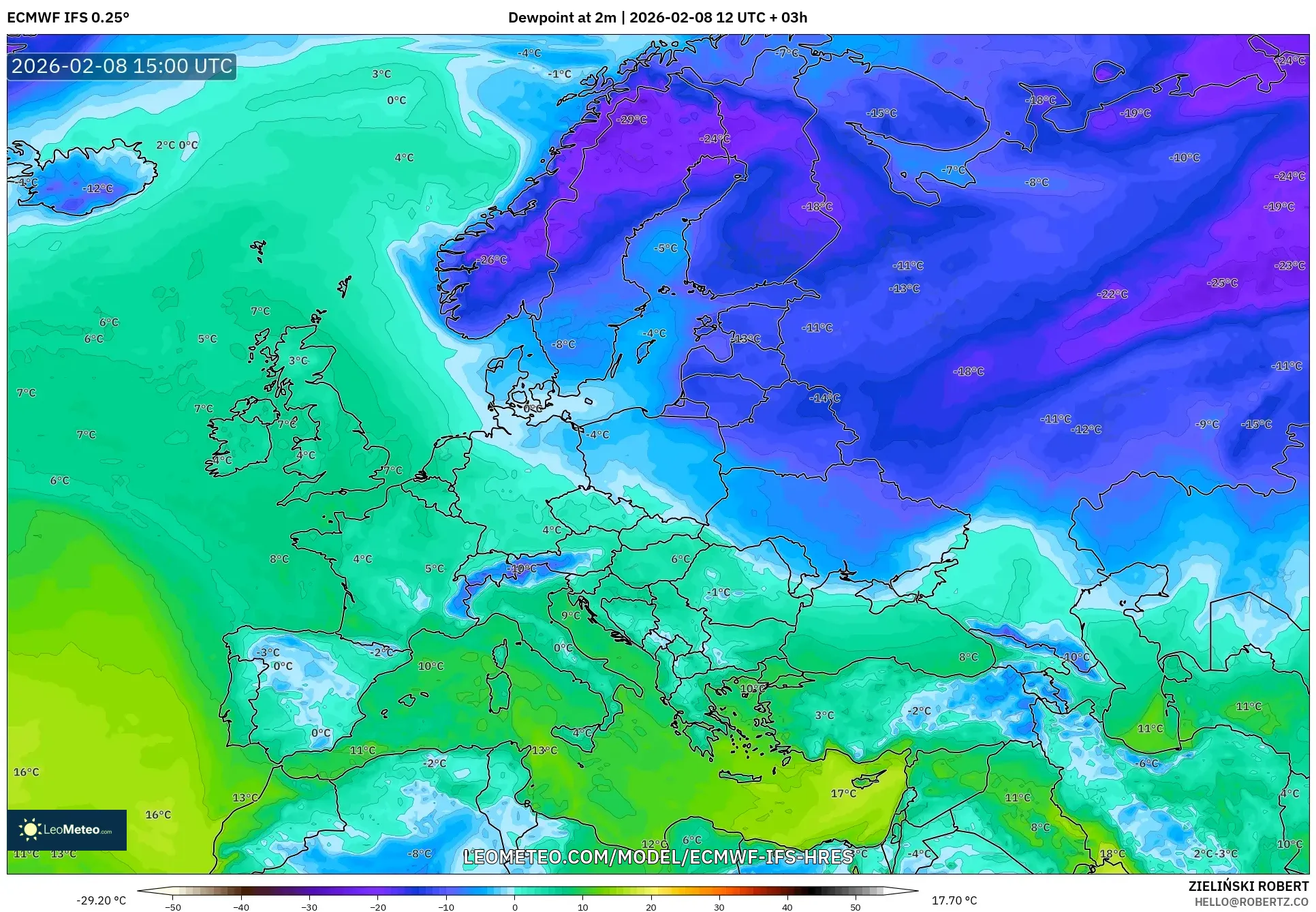 ECMWF IFS 0.25° model - Europe, Dewpoint at 2m