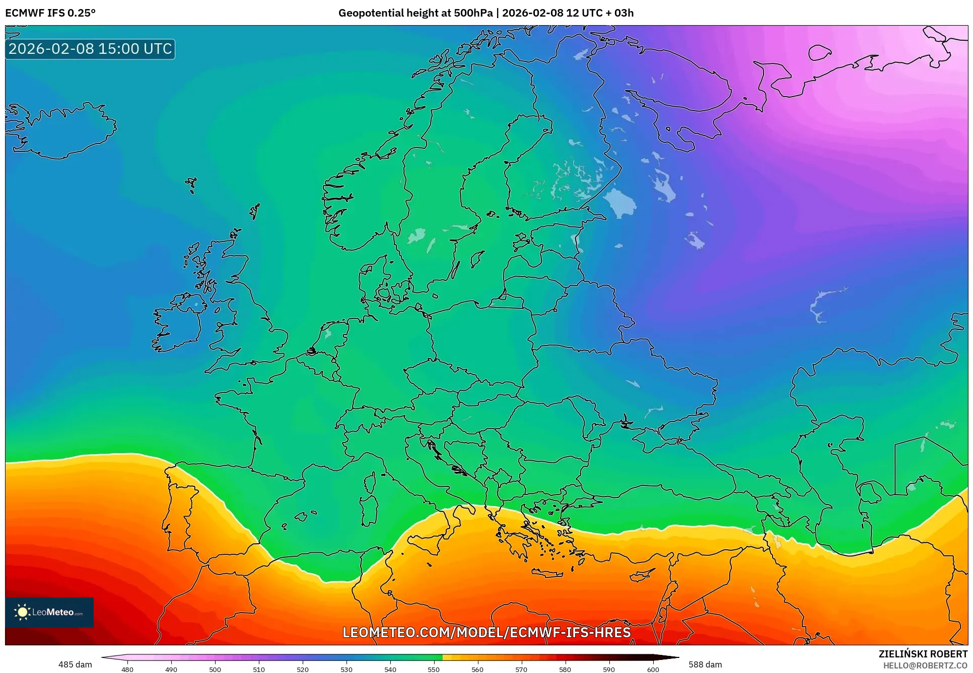 ECMWF IFS 0.25° model - Eropa, Ketinggian geopotensial pada 500 hPa