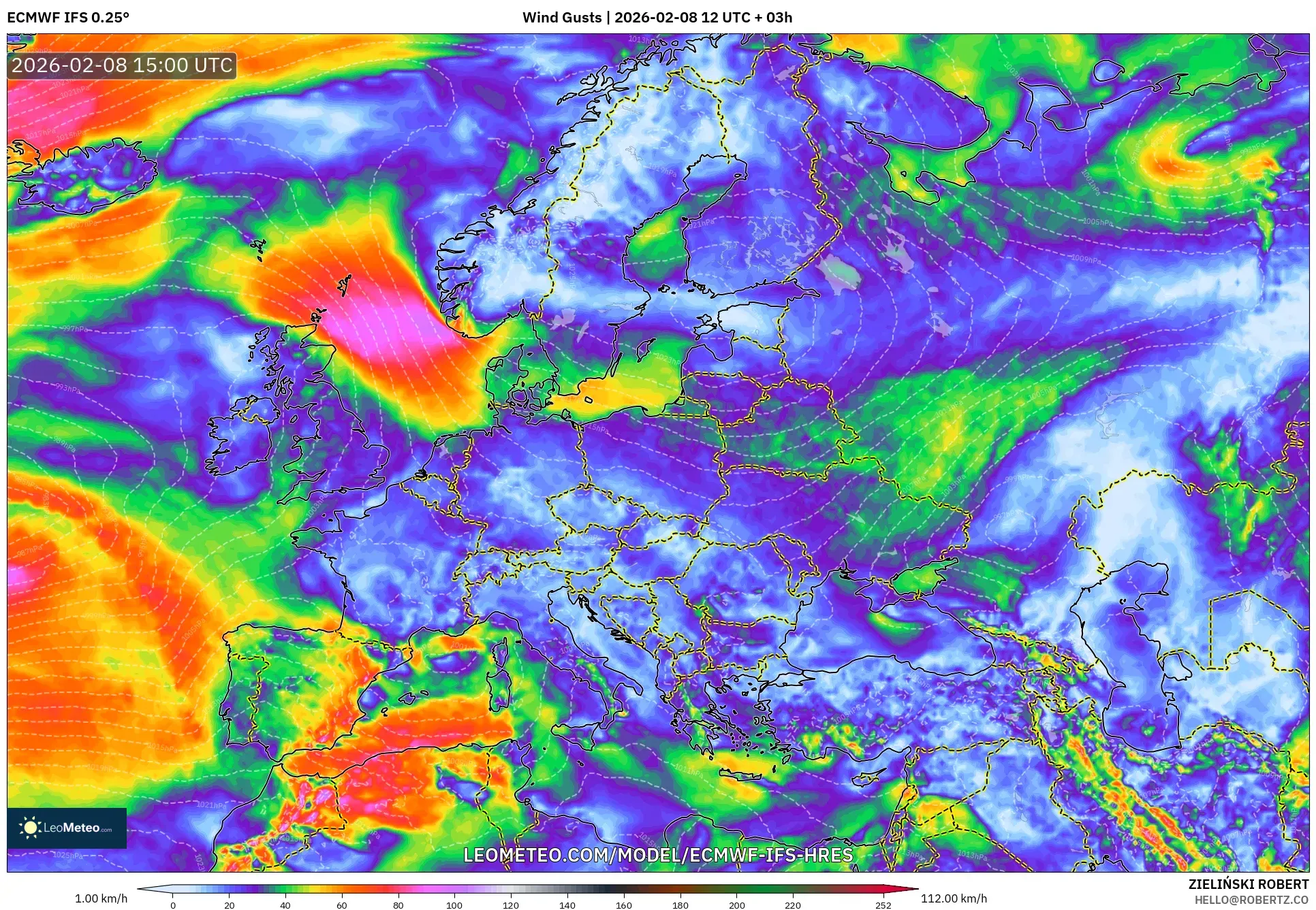 ECMWF IFS 0.25° model - Eropah, Hembusan Angin