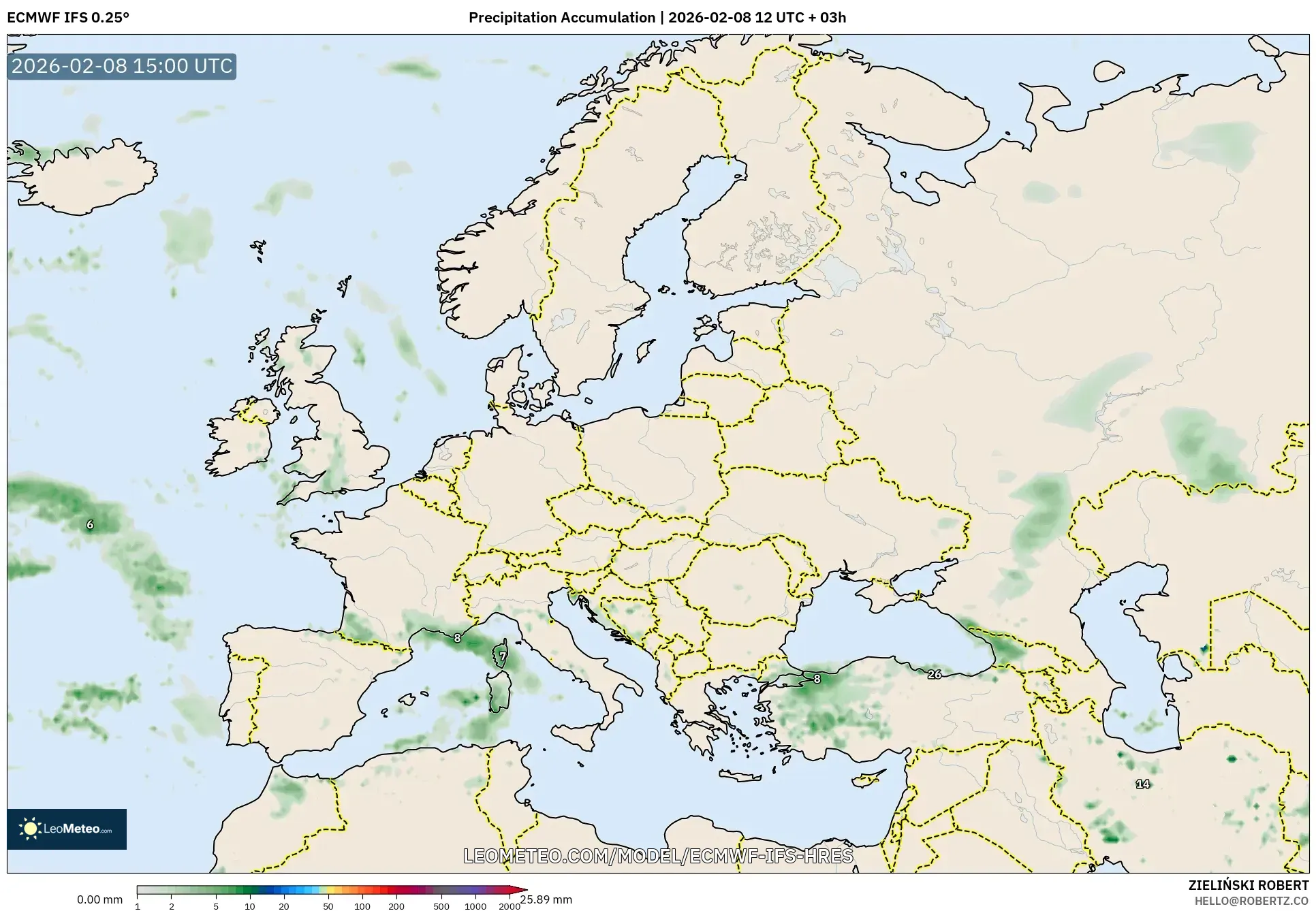 ECMWF IFS 0.25° model - Eropah, Pengumpulan Hujan