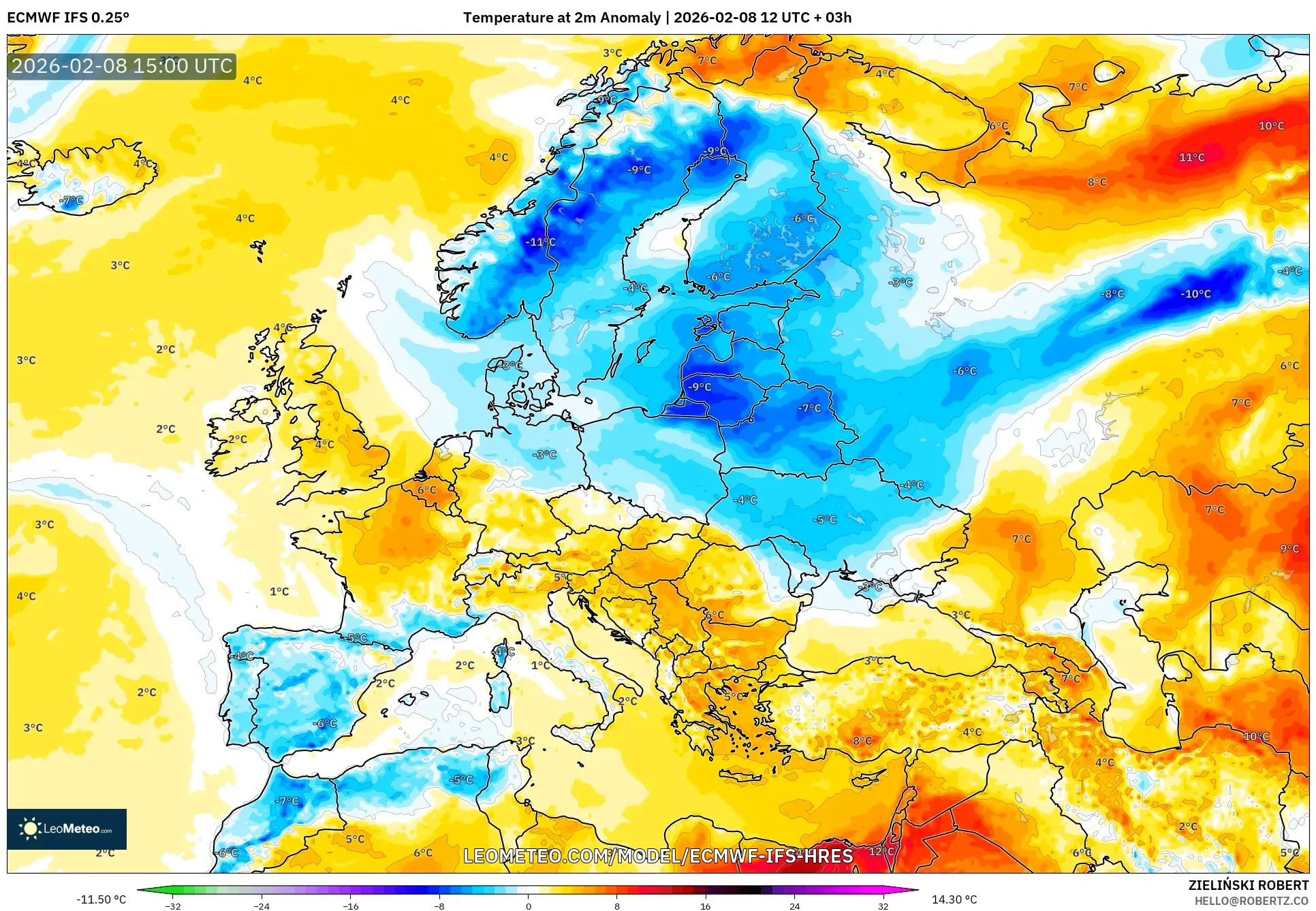 ECMWF IFS 0.25° model - Europe, Temperature at 2m Anomaly