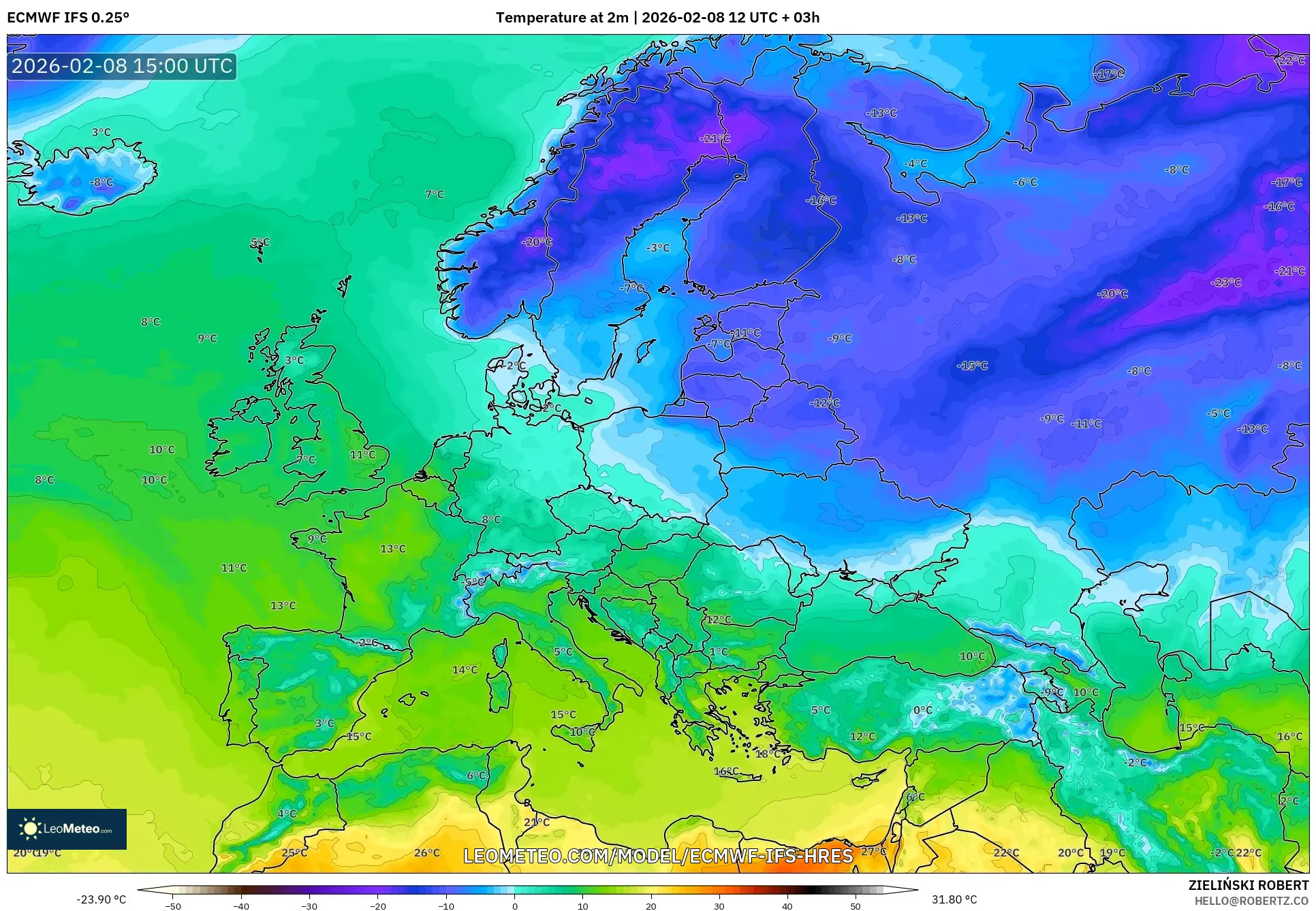 ECMWF IFS 0.25° model - Europe, Temperature at 2m
