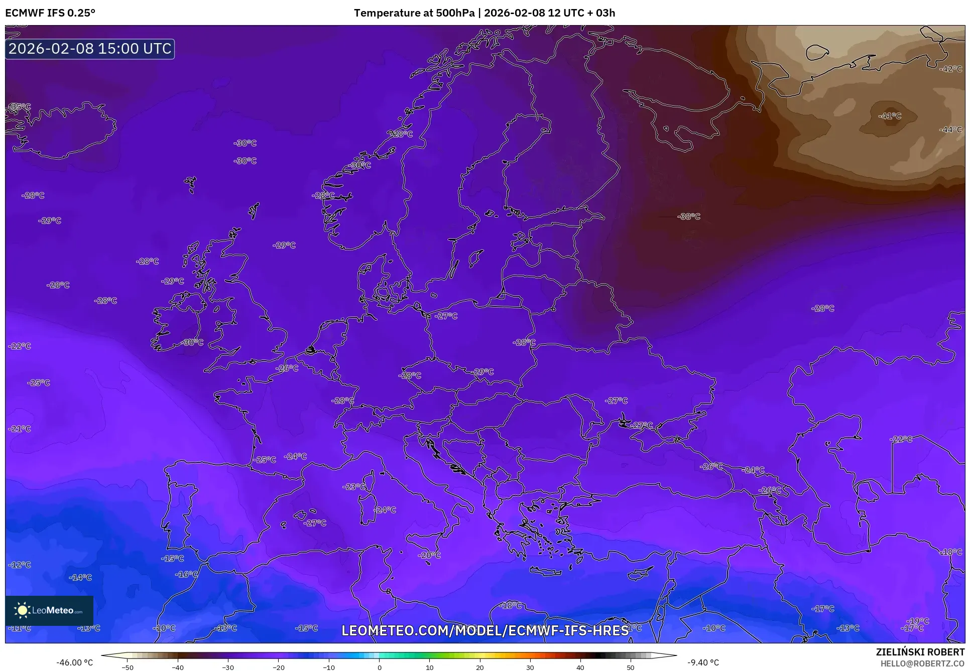 ECMWF IFS 0.25° model - Eropa, Suhu 500 hPa
