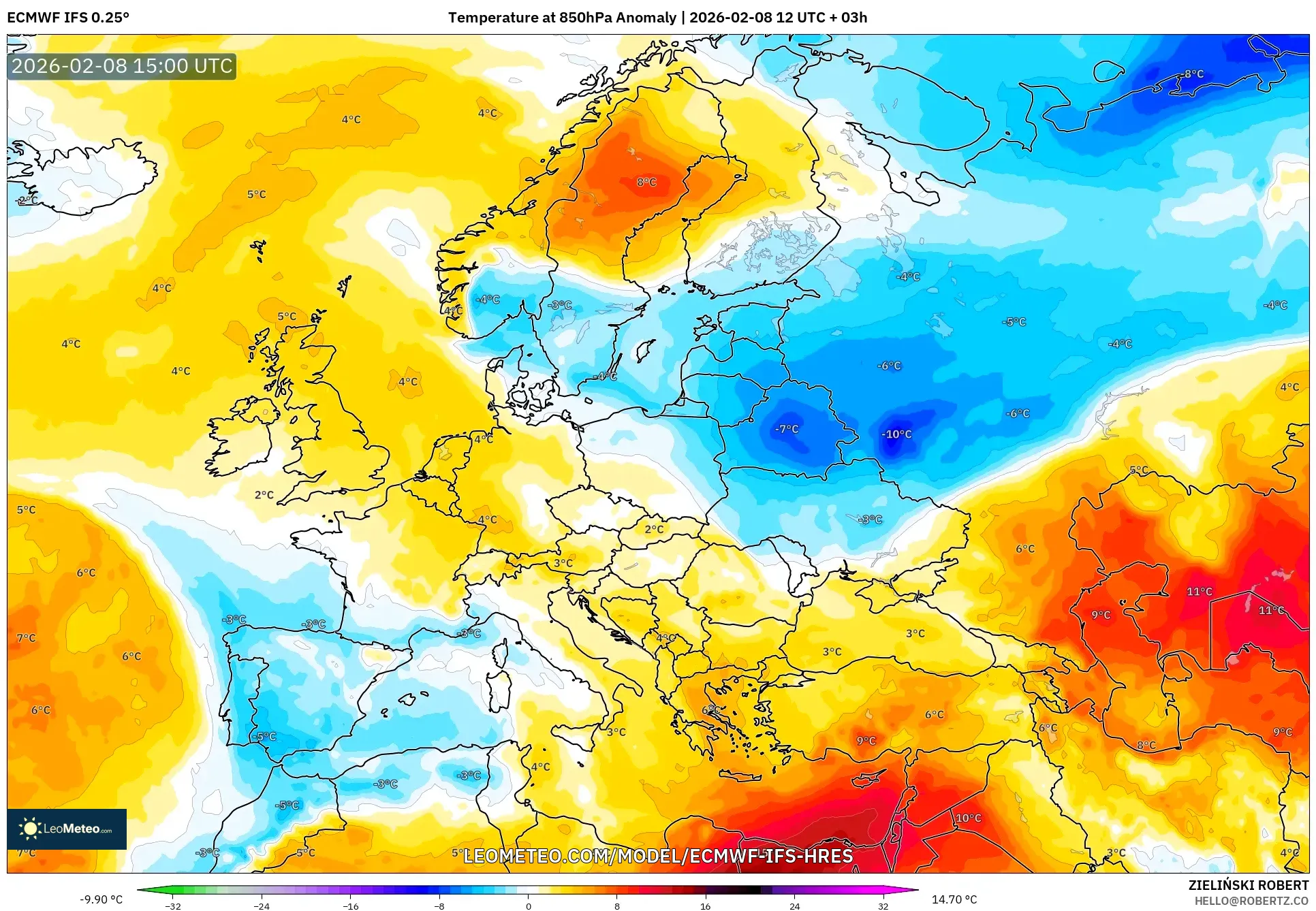 ECMWF IFS 0.25° model - Eropa, Anomali Suhu 850 hPa