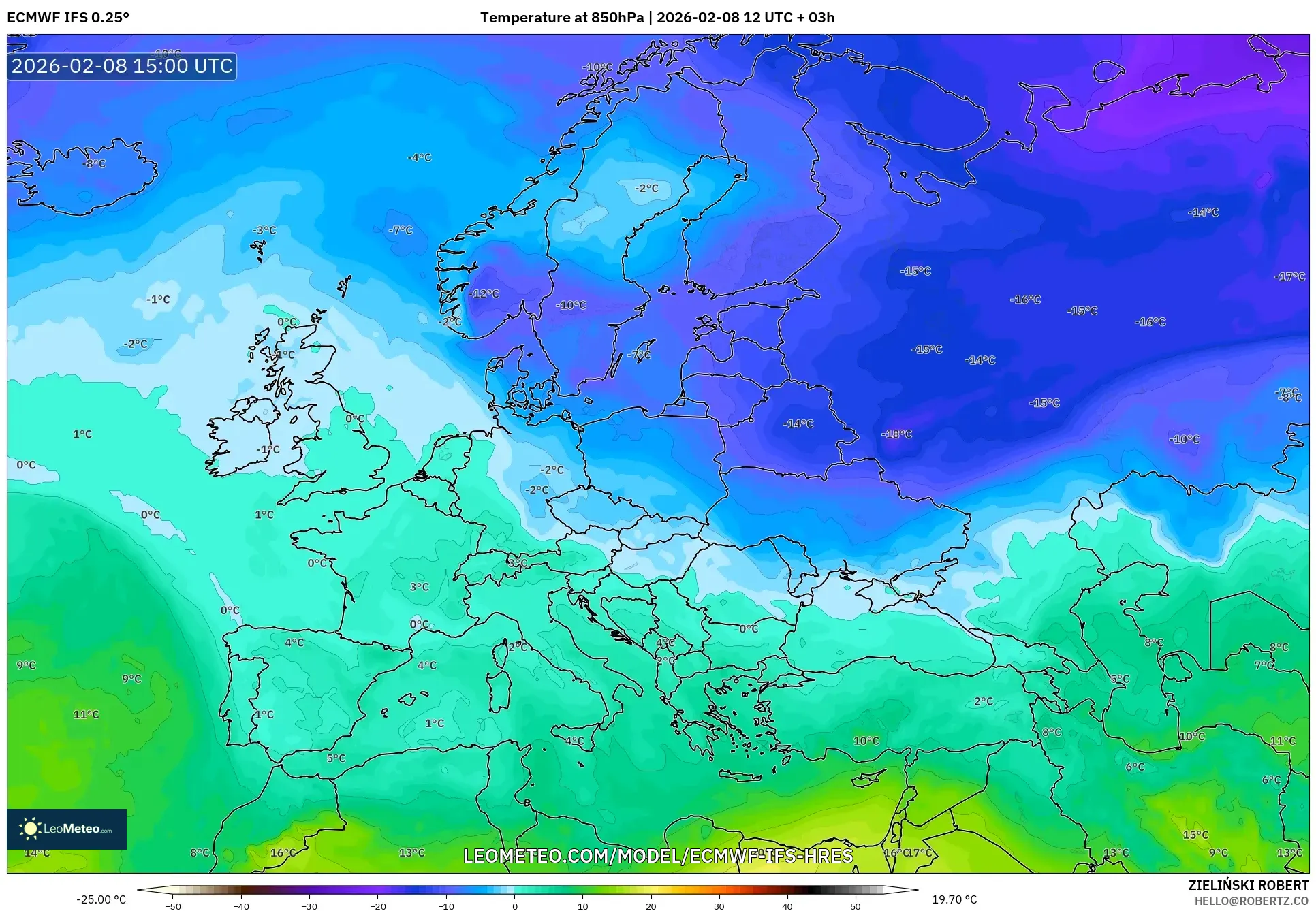 ECMWF IFS 0.25° model - Europe, Temperature at 850hPa