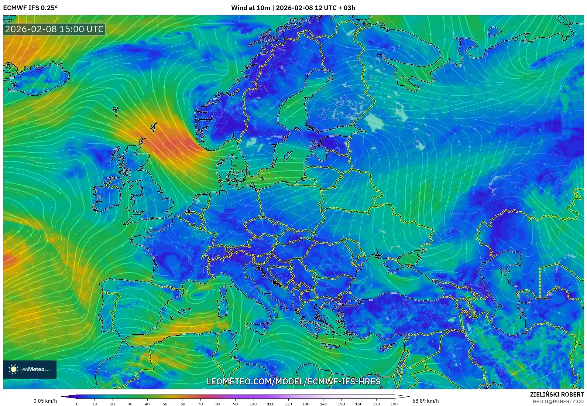 ECMWF IFS 0.25° model - Eropa, Angin 10 m