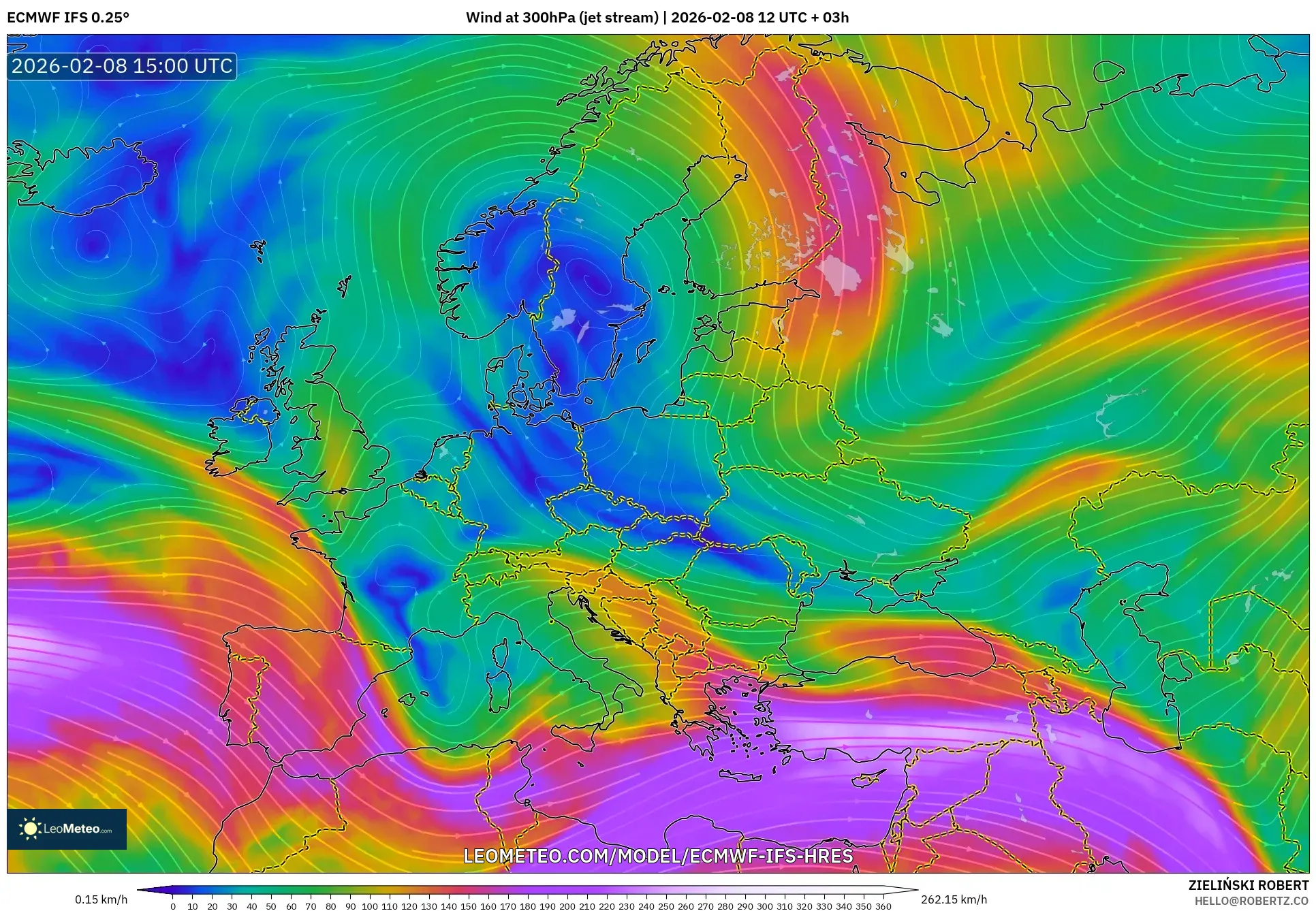 ECMWF IFS 0.25° model - Europe, Wind at 300hPa (jet stream)