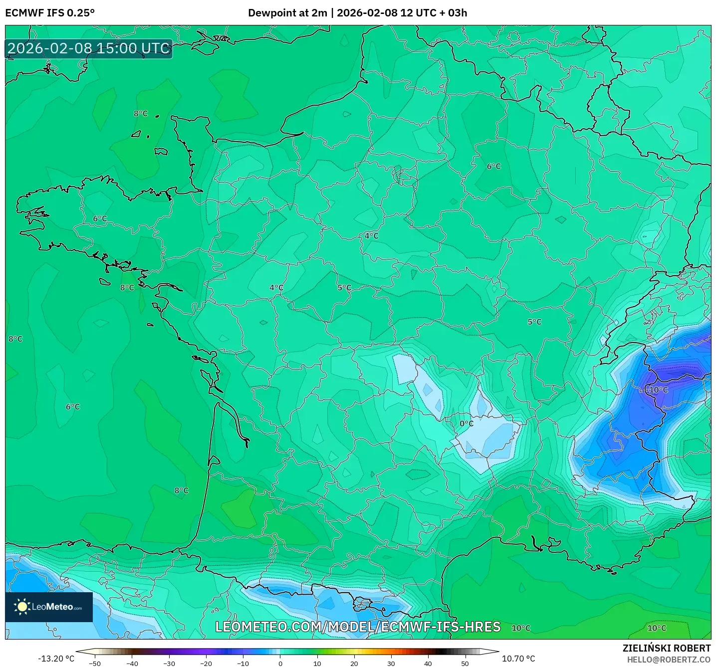 ECMWF IFS 0.25° model - France, Dewpoint at 2m