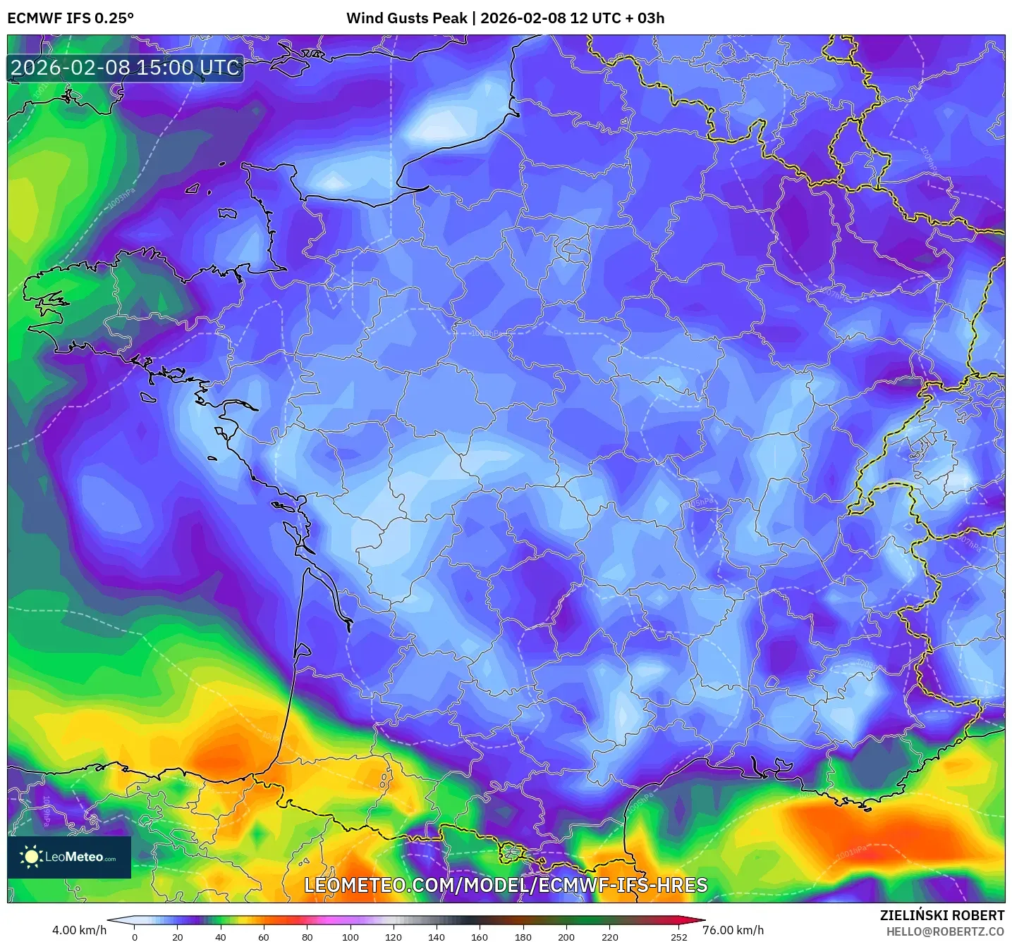 ECMWF IFS 0.25° model - Prancis, Puncak Hembusan