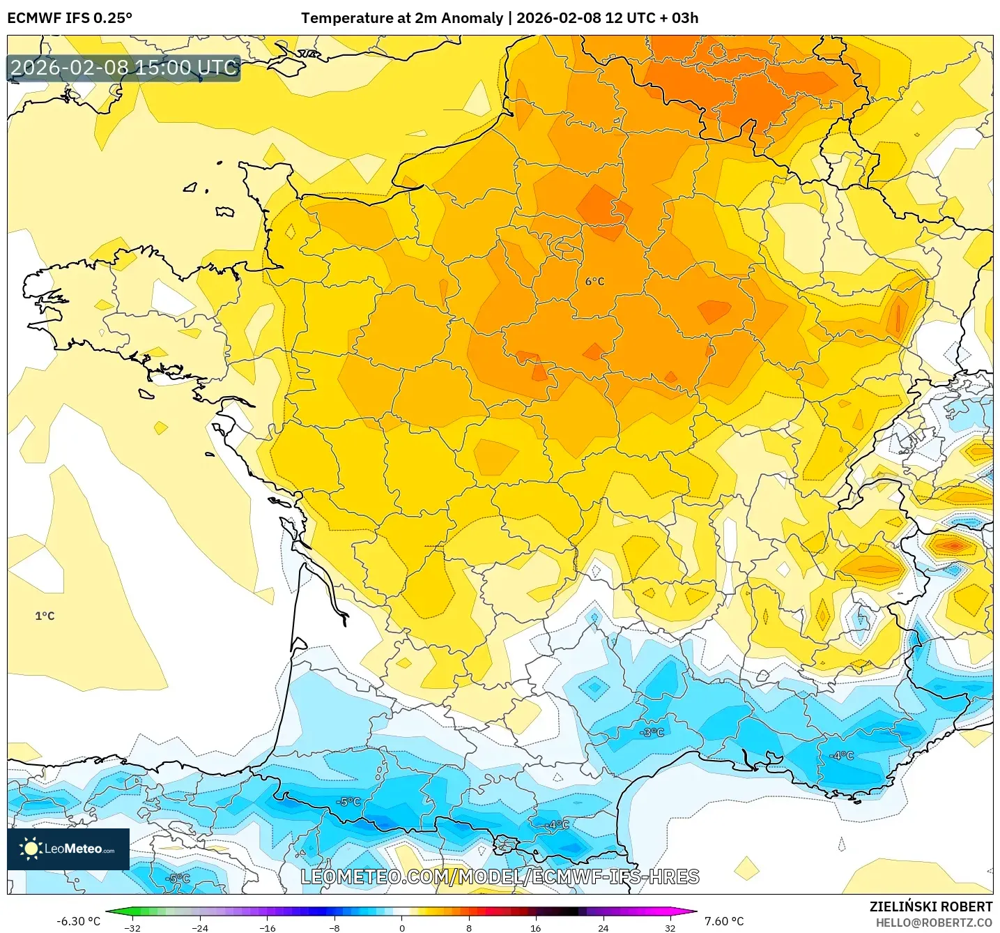 ECMWF IFS 0.25° model - France, Temperature at 2m Anomaly