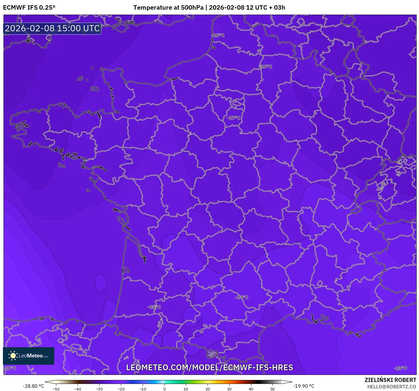 ECMWF IFS 0.25° model - France, Temperature at 500hPa