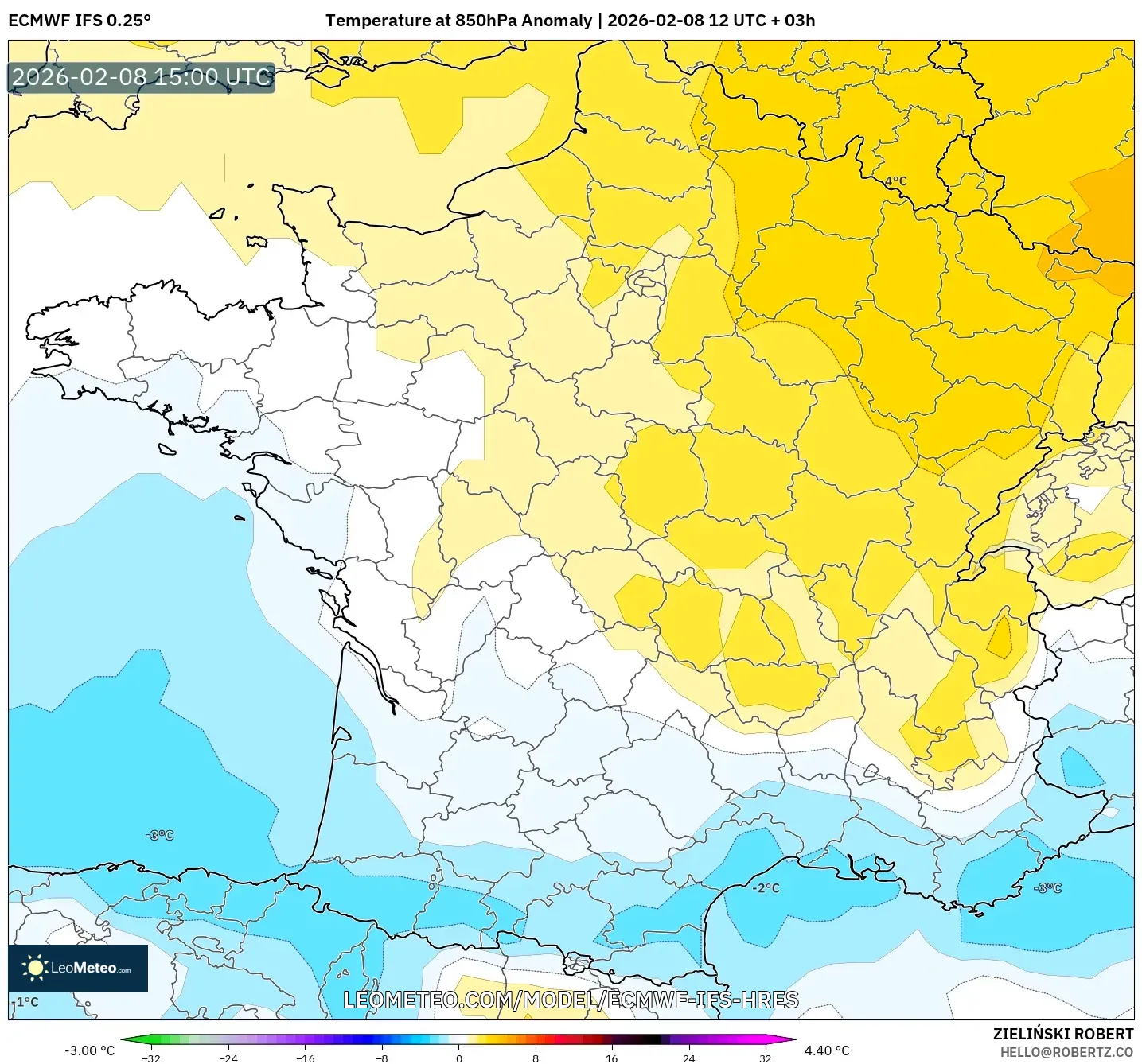 ECMWF IFS 0.25° model - France, Temperature at 850hPa Anomaly