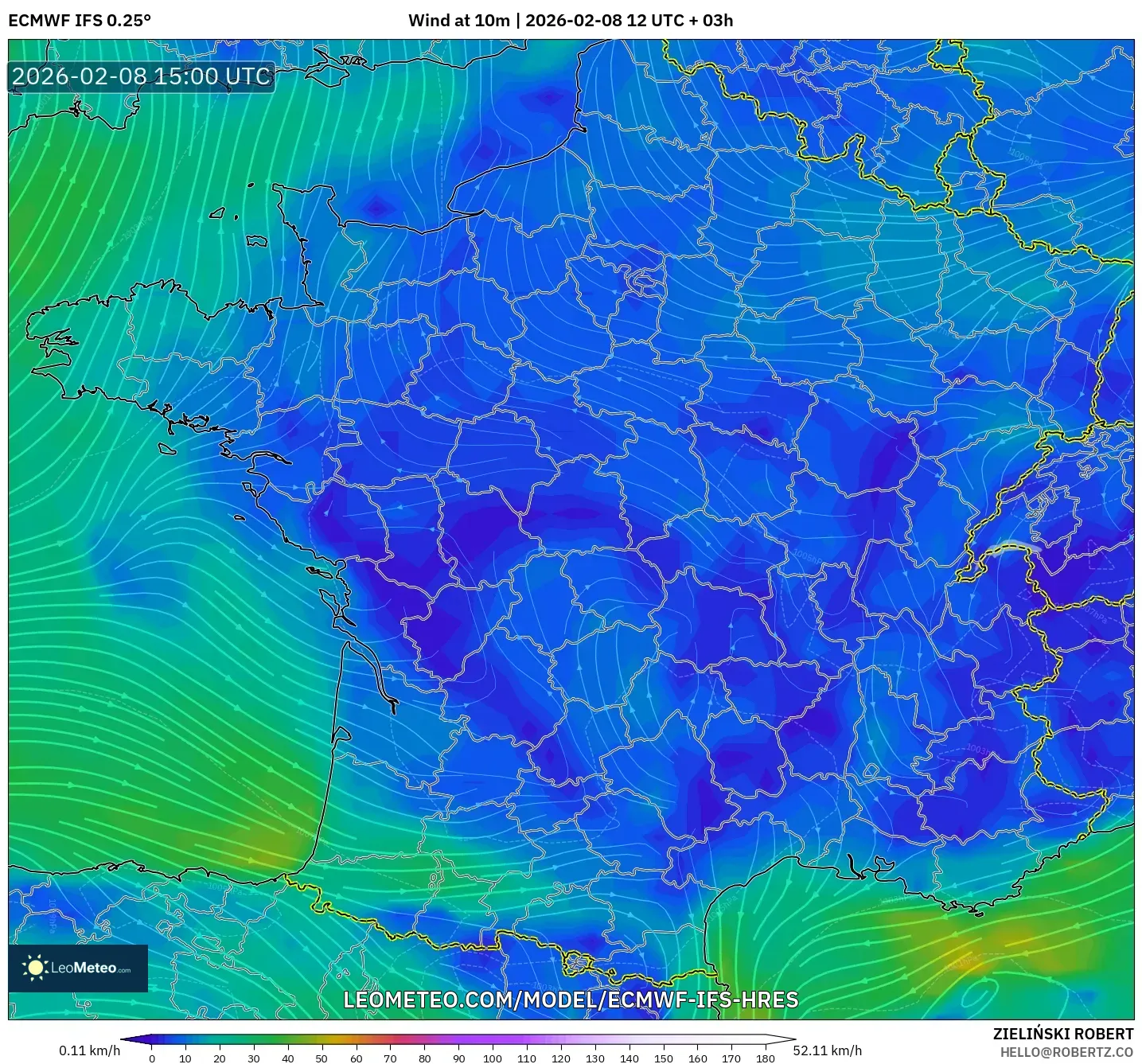ECMWF IFS 0.25° model - France, Wind at 10m