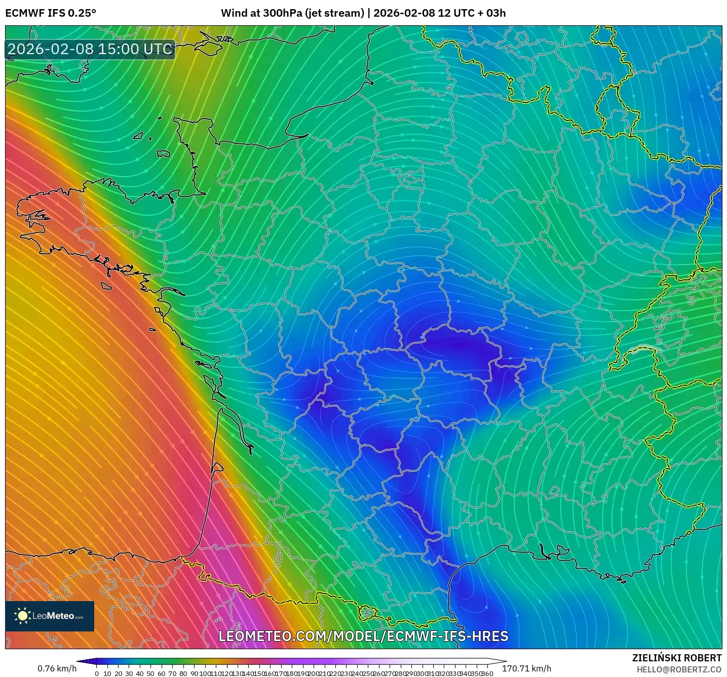 ECMWF IFS 0.25° model - France, Wind at 300hPa (jet stream)
