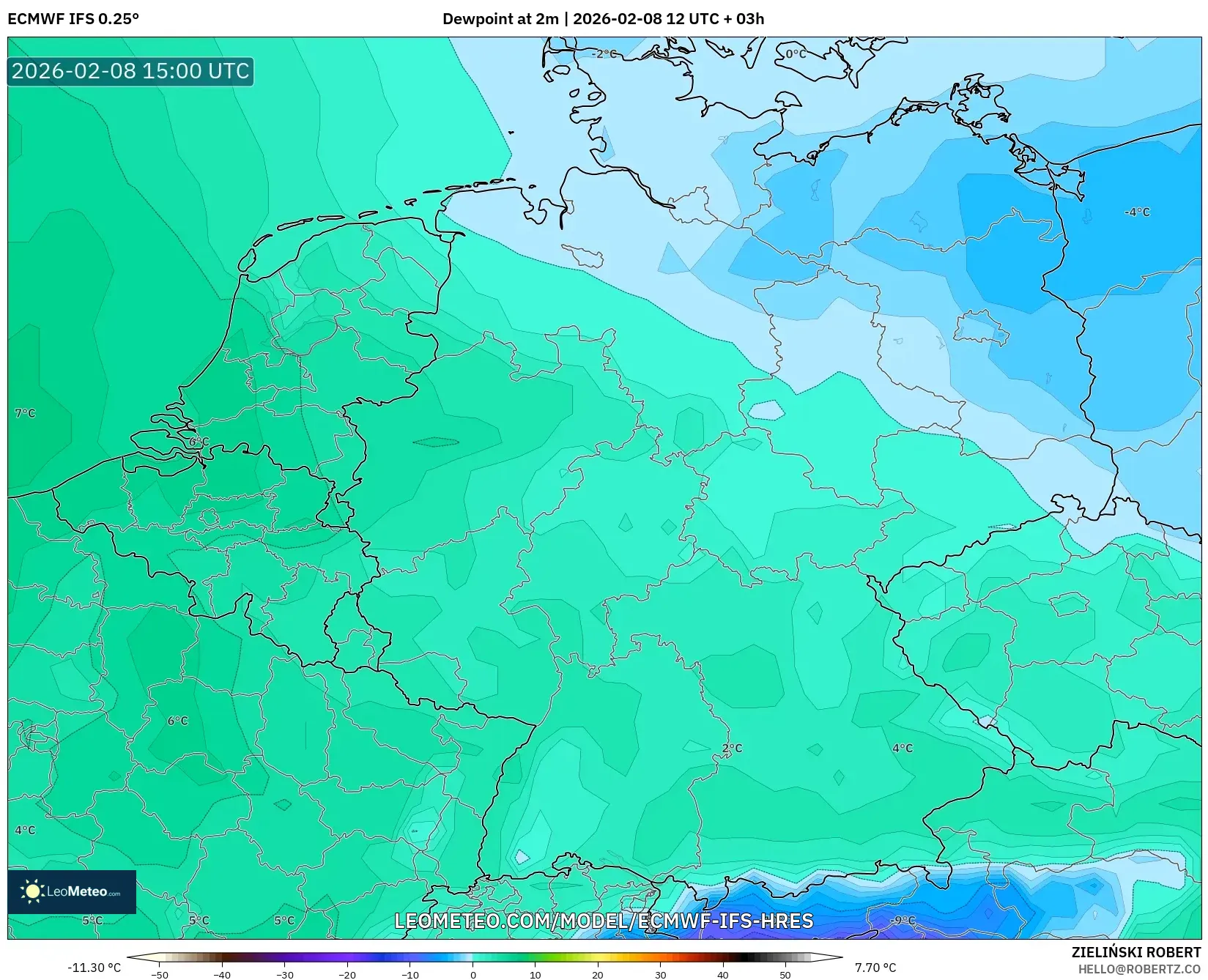 ECMWF IFS 0.25° model - Germany, Dewpoint at 2m