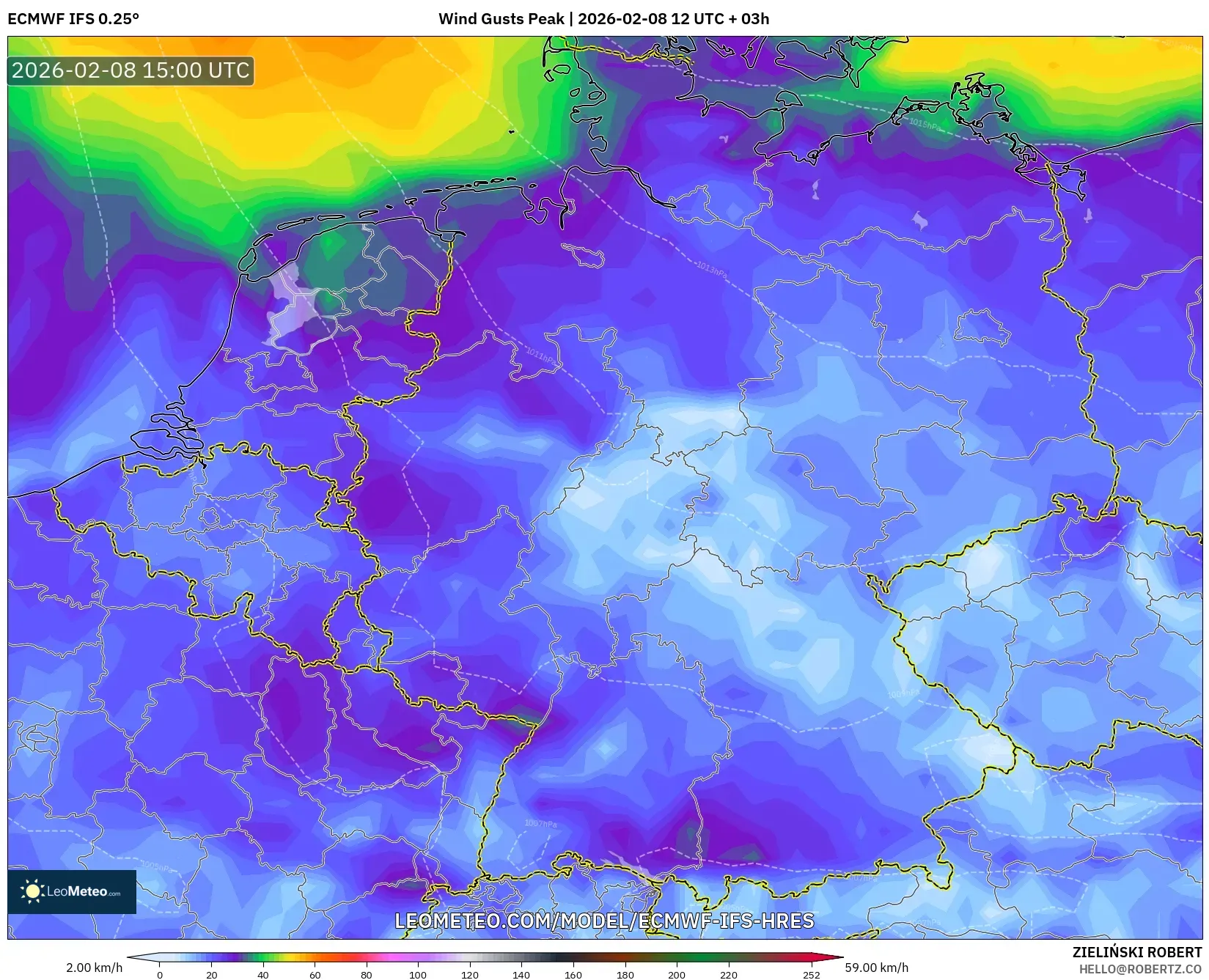 ECMWF IFS 0.25° model - Germany, Wind Gusts Peak